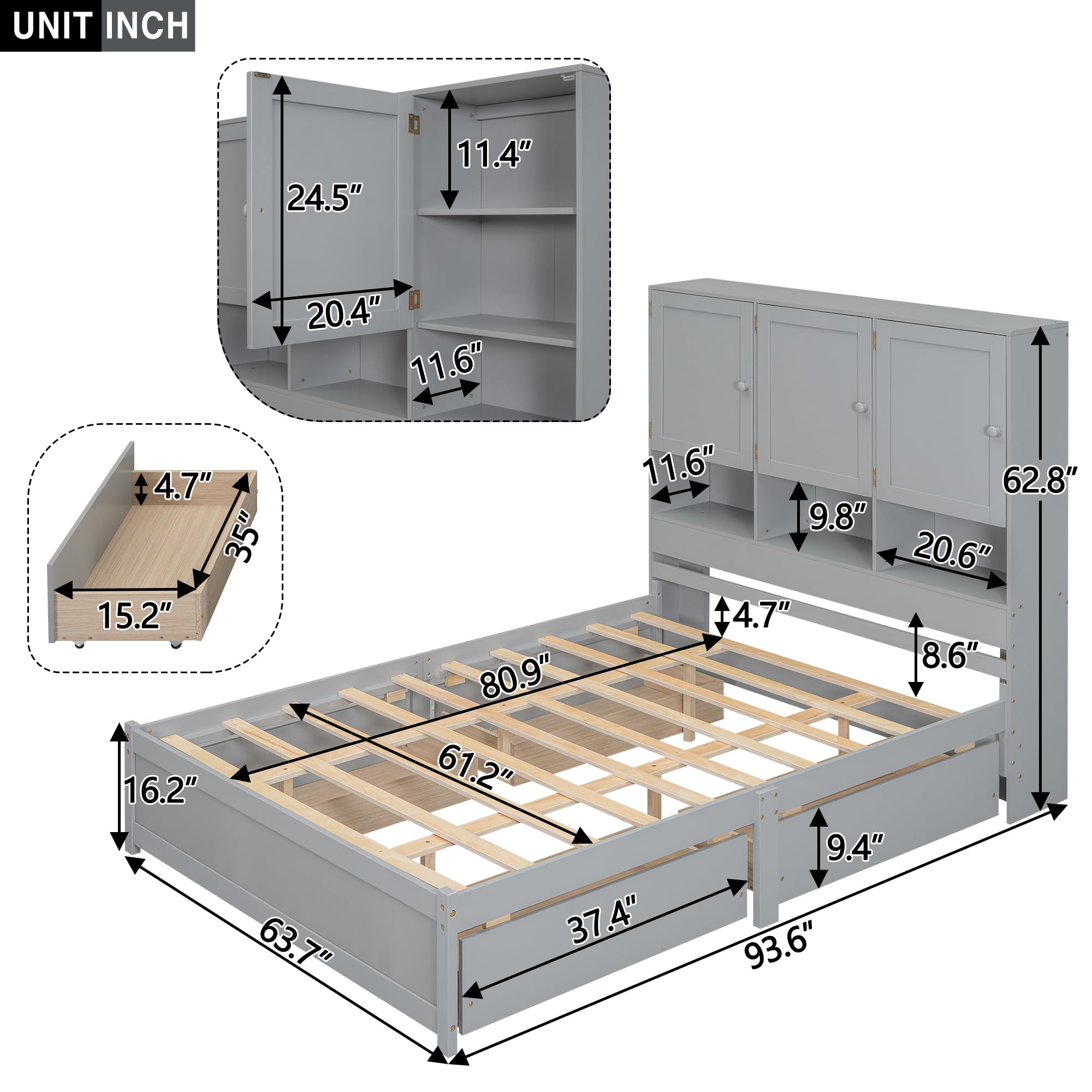 Harper & Bright Designs Queen Size Storage Bed Frame - Solid Wood Platform Bed with Bookcase Headboard & 4 Drawers - No Box Spring Needed - Perfect for Kids, Teens & Adults Bedroom - Modern Gray Furniture for Small Spaces & Dorm Rooms