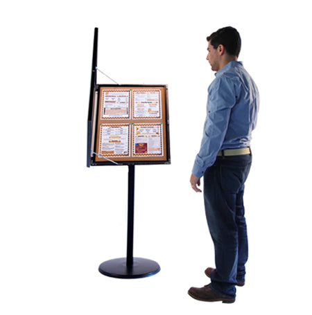 Lockable Rotating Cork Board Menu Stand - Tilted Floor Sign Holder for 8.5” x 11” Menus, Posters & Signs (Displays 4 Items) - Perfect for Restaurants, Cafes & Retail Stores