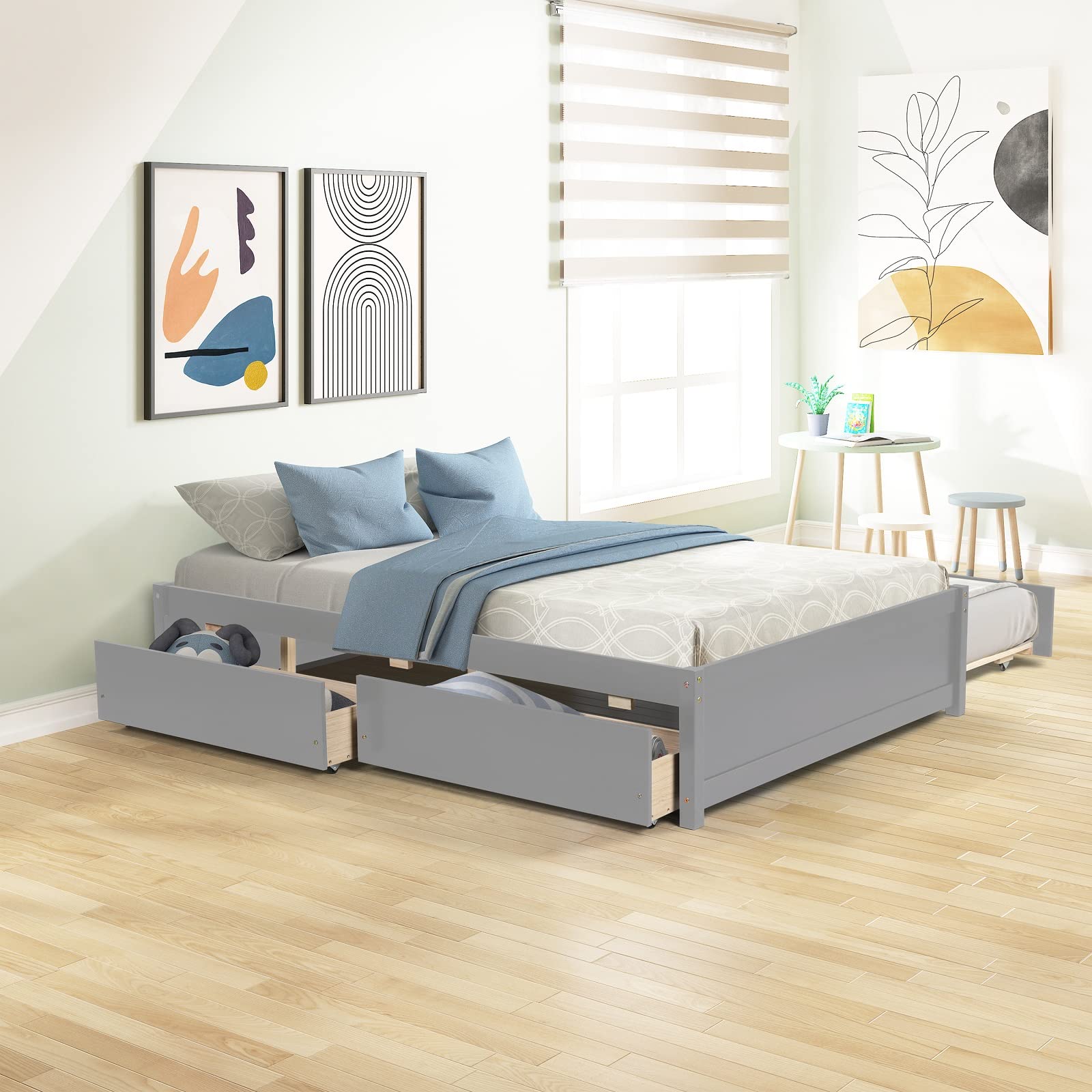 Danxee Wooden Captain's Bed with Storage - Full Size Daybed with Twin Trundle & 2 Drawers - Kids Platform Bed (Gray) - Perfect for Small Spaces, Guest Rooms & Children's Bedrooms