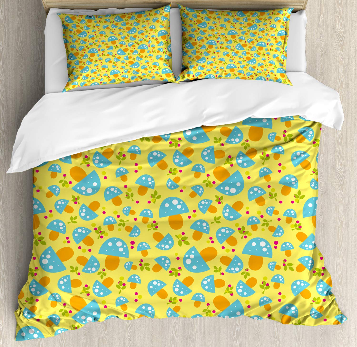 Ambesonne King Size Mushroom Duvet Cover Set - 3 Piece Woodland Cartoon Blue Mushrooms Bedding with 2 Pillow Shams, Yellow Multicolor Childish Drawing Design | Perfect for Kids' Rooms, Nursery Decor, Whimsical Bedroom Themes & Fantasy Themed Beddings