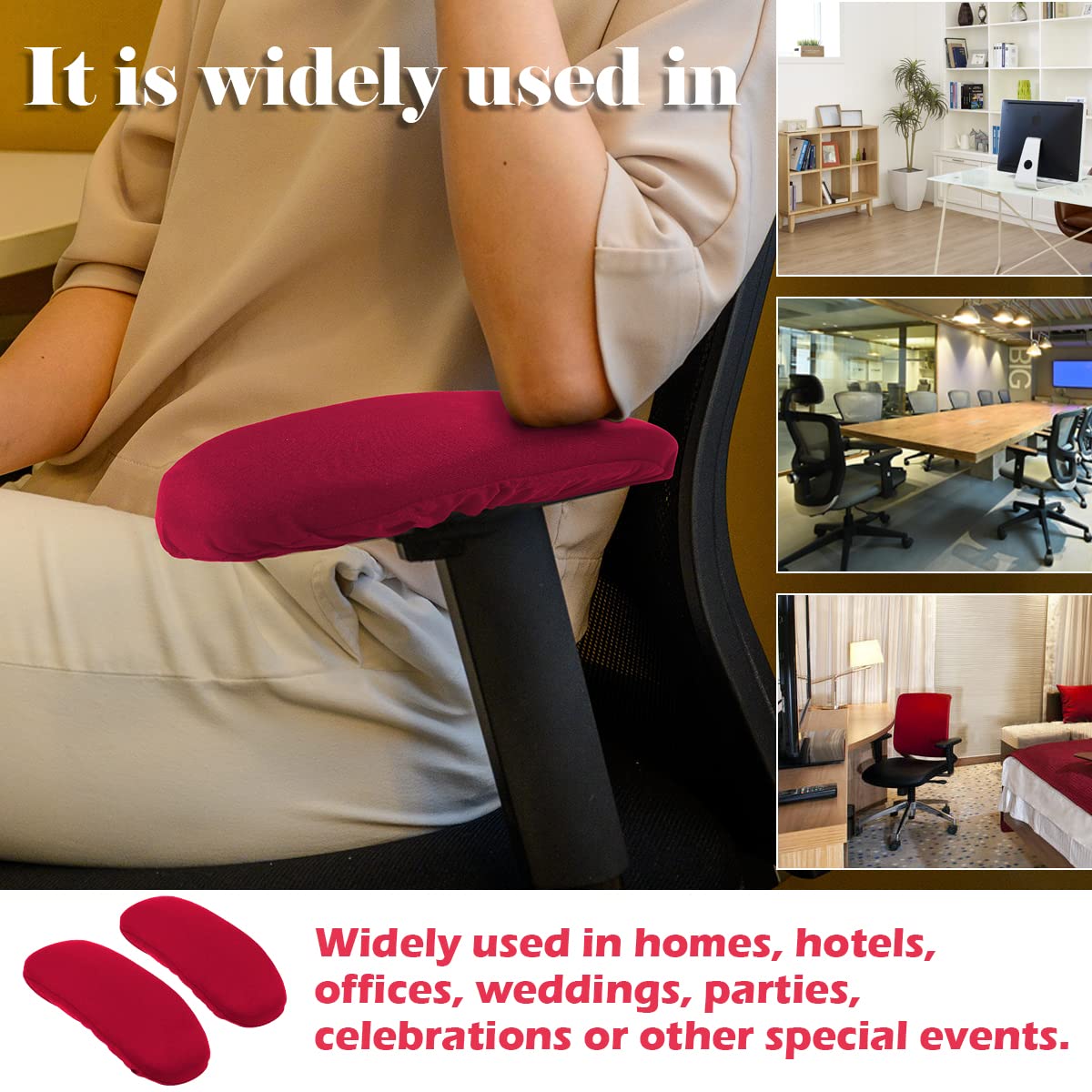 FERCAISH 2 Pack Elastic Office Chair Arm Covers - Washable Sponge Armrest Pads for Wheelchairs & Home Office Chairs, Durable & Removable (Red) - Perfect for Ergonomic Support & Desk Comfort