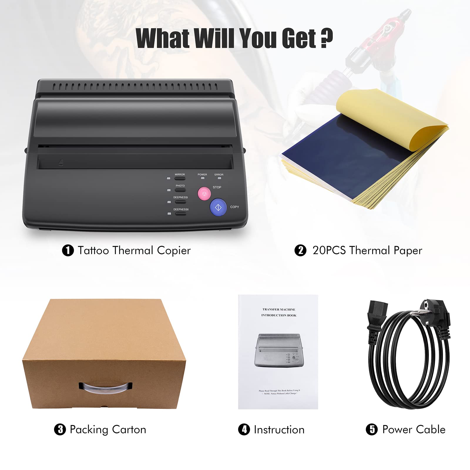 Professional Tattoo Stencil Printer Machine - Thermal Copier for Tattoo Transfer, Drawing & Stencil Making with 20 Tattoo Transfer Papers | Perfect for Tattoo Artists, Studios & DIY Tattoo Enthusiasts