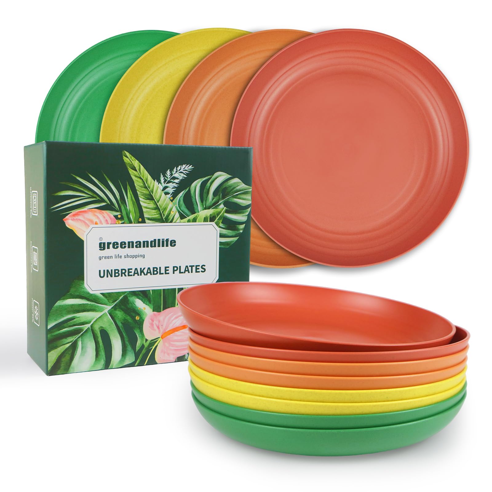 8PCS 8-Inch Wheat Straw Plates - Dishwasher & Microwave Safe, BPA-Free, Unbreakable & Lightweight Dinnerware for Kids & Adults (Orange) - Eco-Friendly Alternative to Plastic Plates for Picnics, Camping & Everyday Use