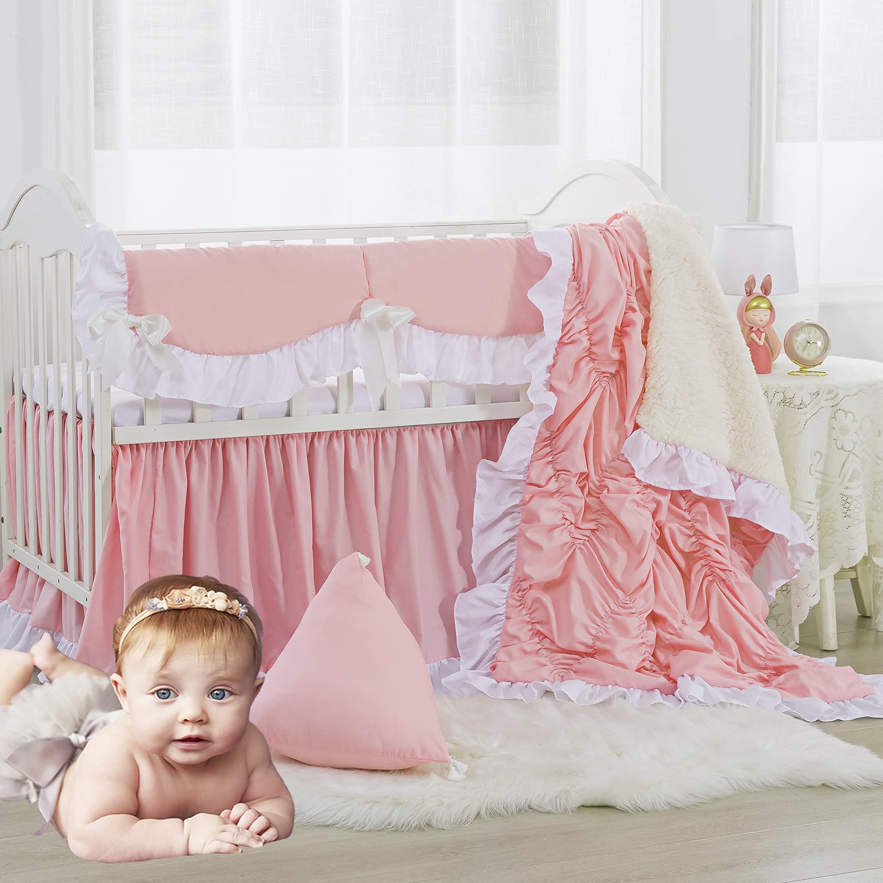 Brandream 5-Piece Farmhouse Baby Crib Bedding Set - Soft Luxury Diamond Jacquard Crib Sheets & Blanket for Girls Nursery (Jade Pink) - Perfect for Newborns, Toddlers & Nursery Decor