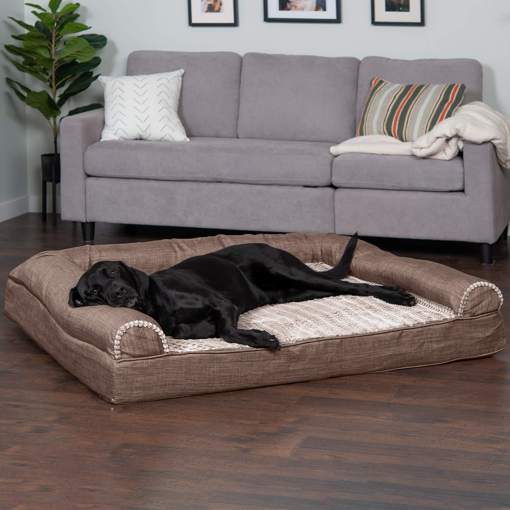 **Furhaven Orthopedic Dog Bed for Large Dogs - XXL Washable Sofa Bed with Removable Bolsters & Luxe Faux Fur Cover - Supports Up to 125 lbs - Woodsmoke Color - Perfect for Living Room, Bedroom & Pet-Friendly Spaces**