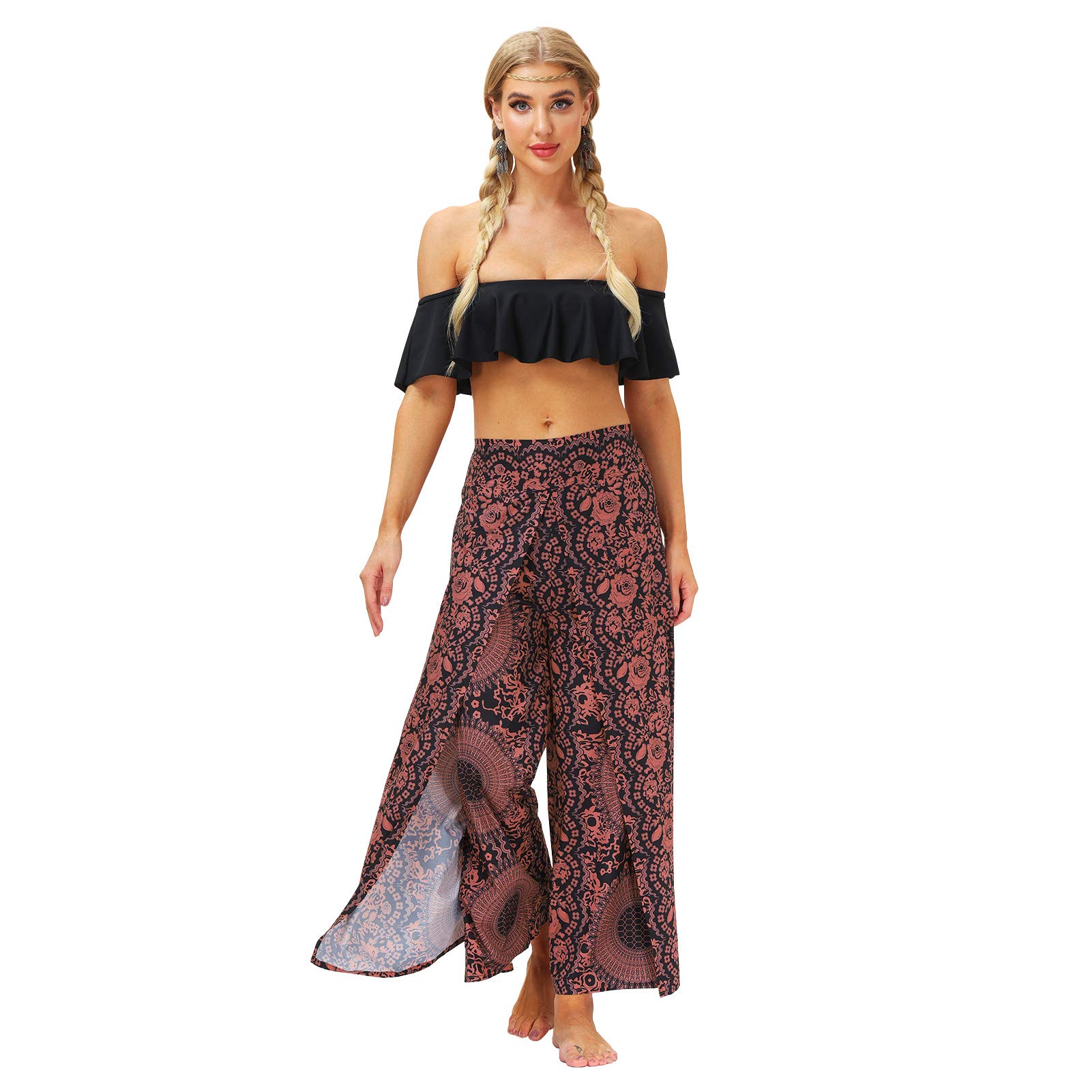 Women's Flowy Palazzo Pants with Side Split - Loose Boho Yoga Pants for Beach, Lounge & Casual Wear - Comfortable & Stylish Summer Outfit