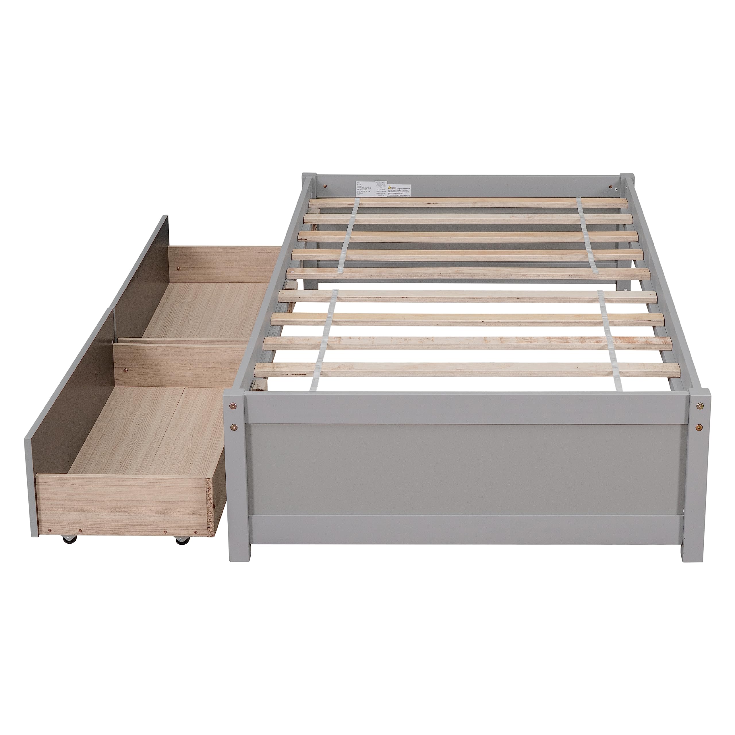 Polibi Solid Wood Twin Size Platform Bed with 2 Storage Drawers - No Box Spring Needed - Grey Wooden Bed Frame - Perfect for Small Bedrooms, Guest Rooms & Kids Rooms