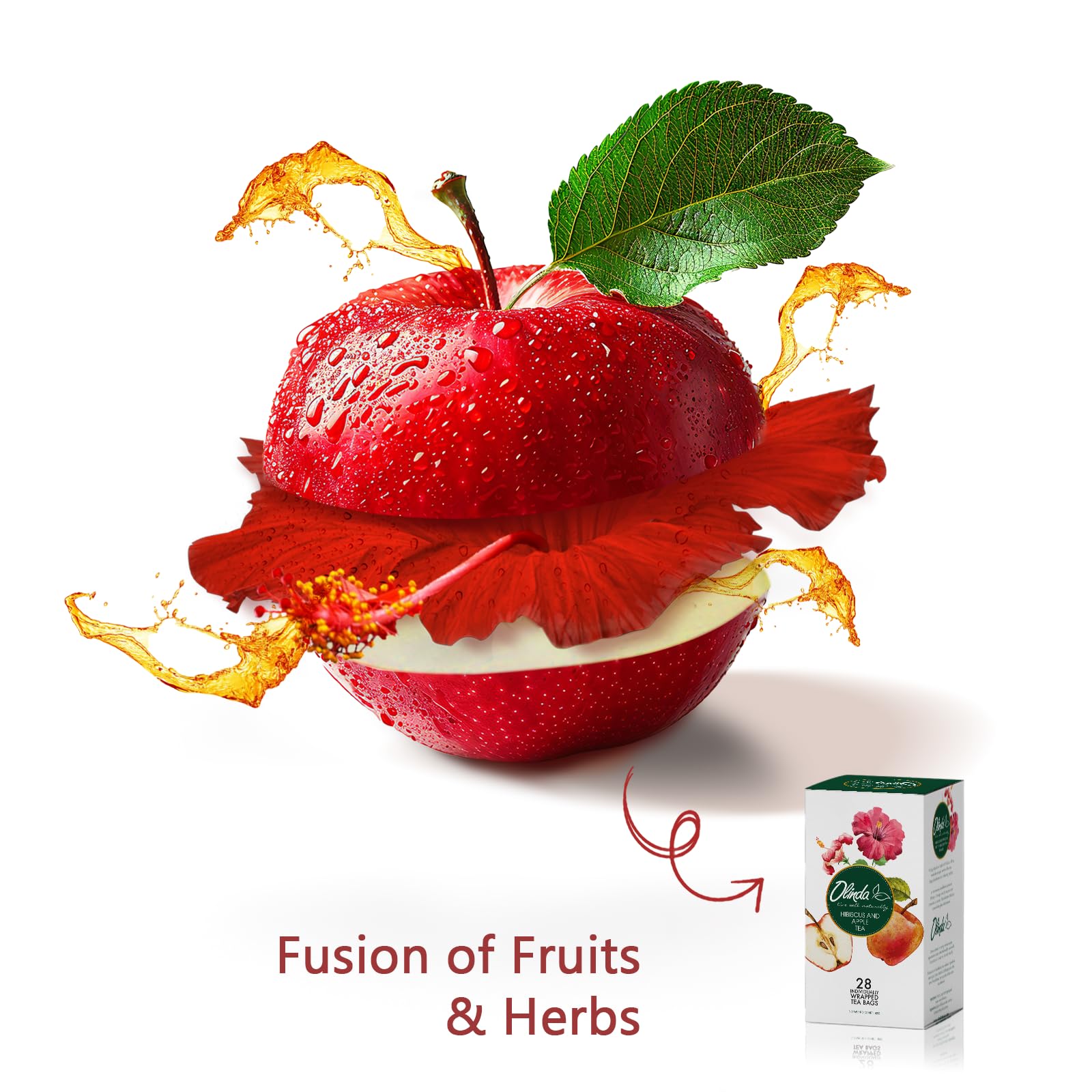 Organic Hibiscus & Apple Herbal Tea Bags - Caffeine Free, Natural Fruit Blend for Hot or Iced Tea - 28 Count Pack - Perfect for Relaxation, Detox & Fall Beverages