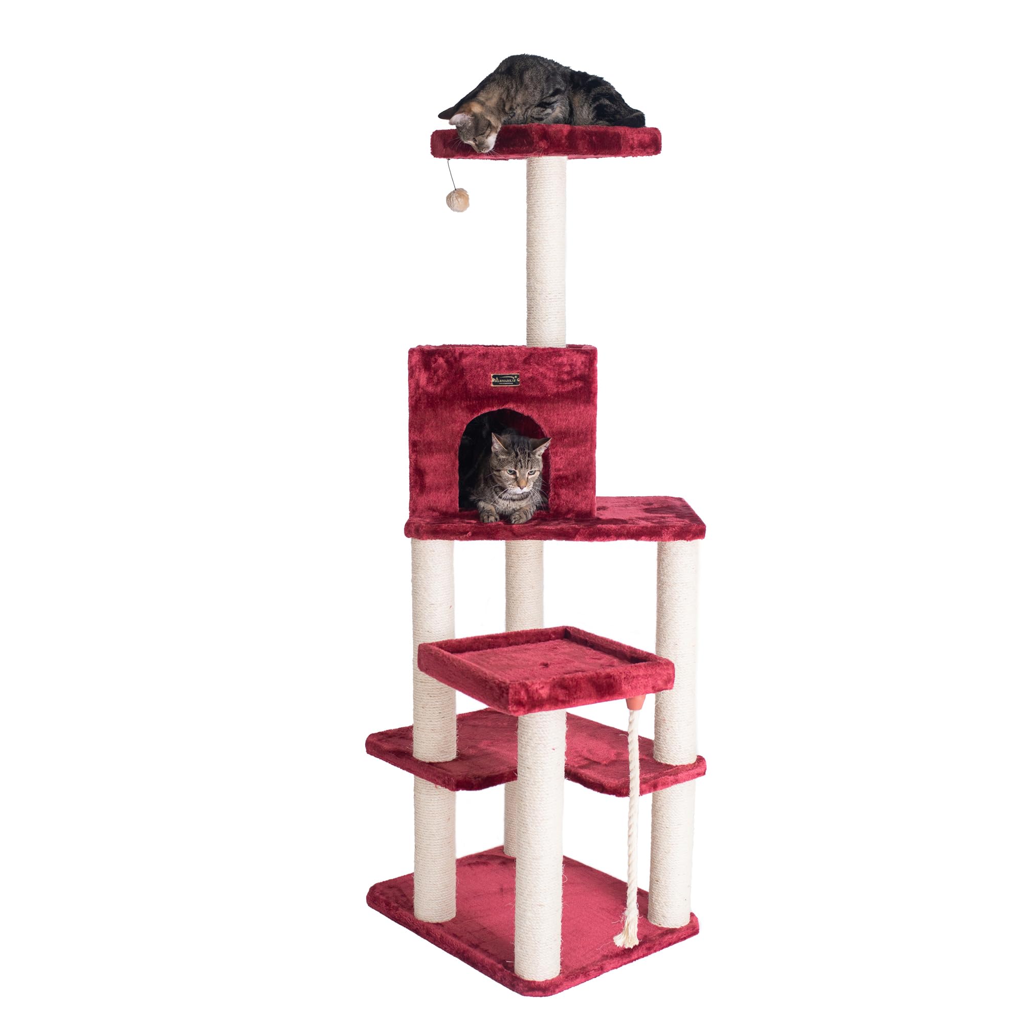 Armarkat Real Wood Cat Tower with Ultra Thick Faux Fur - 60 Inch Cat Condo House for Large Cats, Burgundy (Model A6902B) - Perfect for Indoor Climbing, Scratching & Lounging