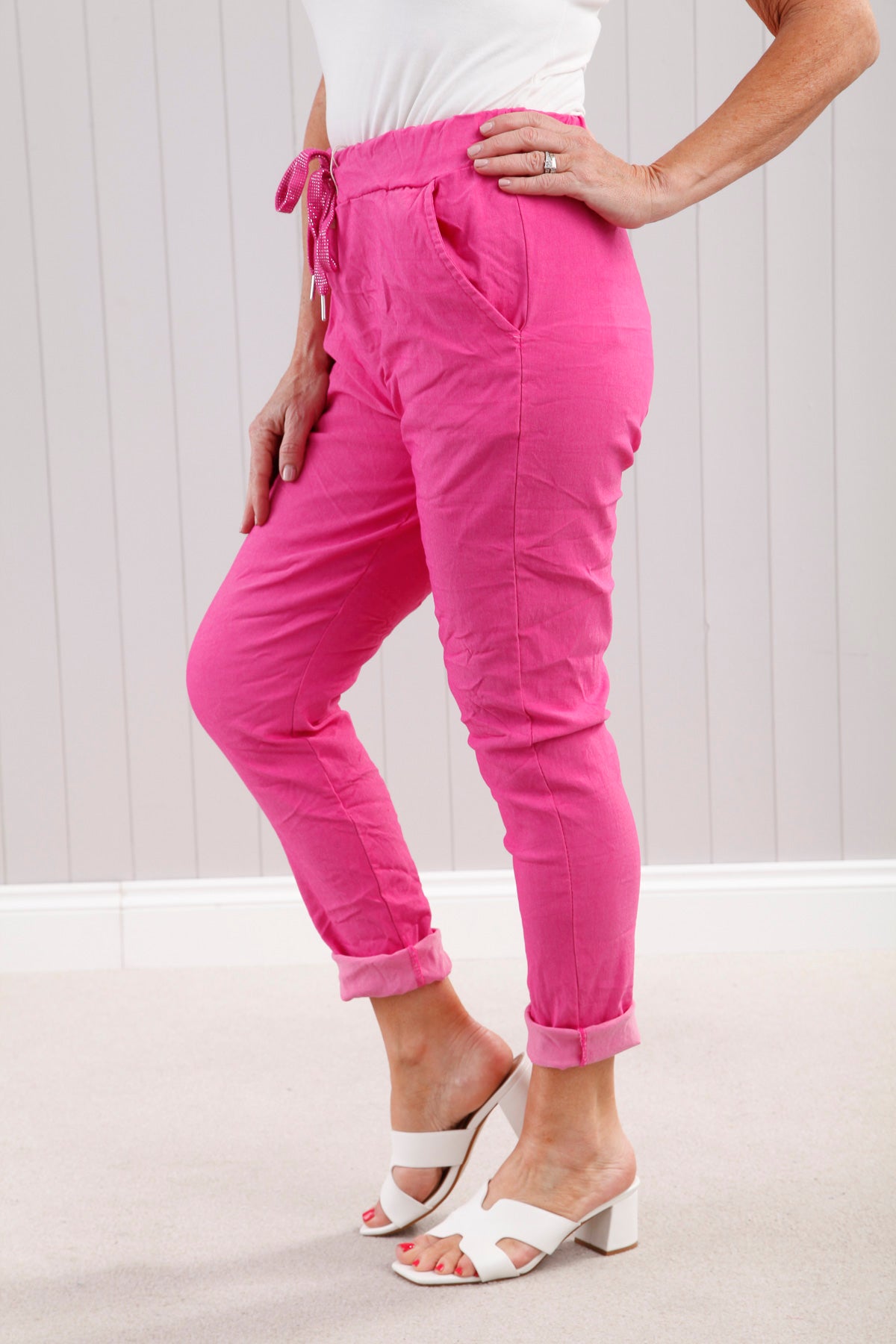 Lurex Tie Magic Pants in Hot Pink - Stretchy Glamorous High-Waisted Pants for Women | Perfect for Parties, Date Nights & Special Occasions