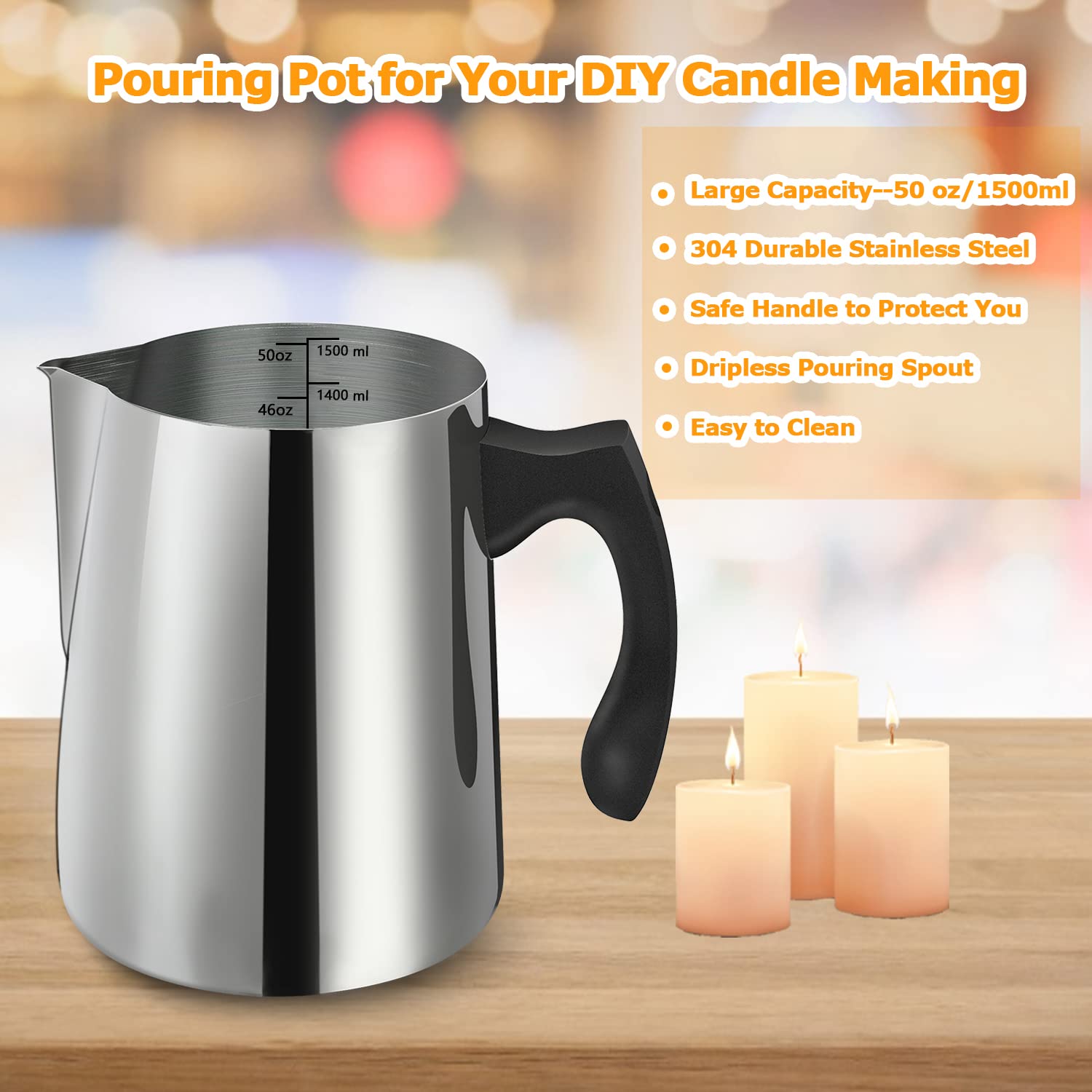 Premium 1500ML/50OZ Stainless Steel Candle Making Pouring Pot - 304 Heat-Resistant Pitcher with Dripless Spout & Ergonomic Handle for DIY Soy Wax, Beeswax & Candle Crafts - Perfect for Home Candle Making, Wax Melting & Gift Making Projects
