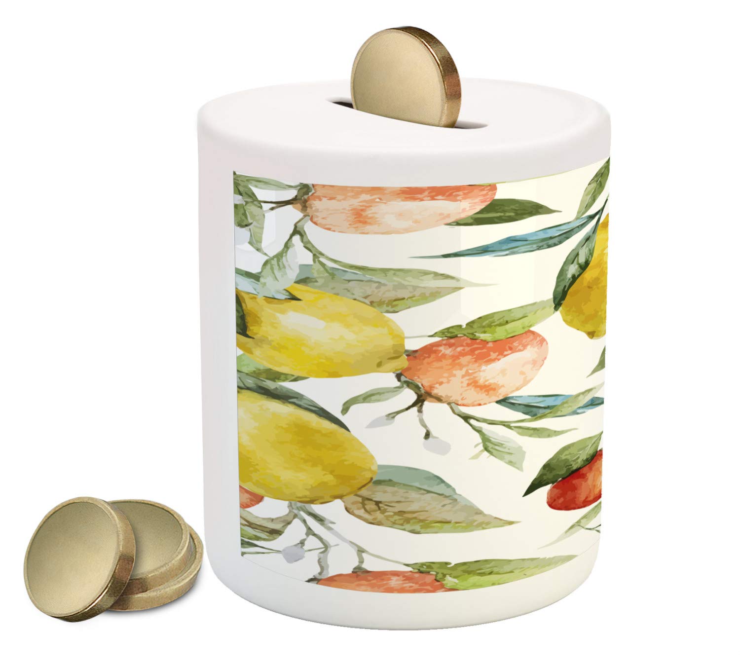 Ambesonne Ceramic Piggy Bank with Lemon & Orange Clementine Tree Design - Colorful Money Box for Cash Savings - Perfect for Kids' Allowance, Holiday Gifts & Home Decor