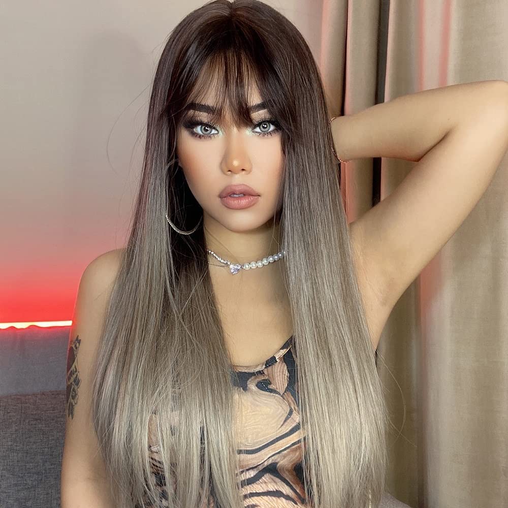 ISHINE 26-inch Long Straight Synthetic Wig for Women - Natural Looking Brown Ombre Platinum Blonde Wig with Long Bangs | Perfect for Daily Wear, Cosplay, Halloween Costume & Hair Replacement | Party, Special Occasion & Everyday Fashion Accessory