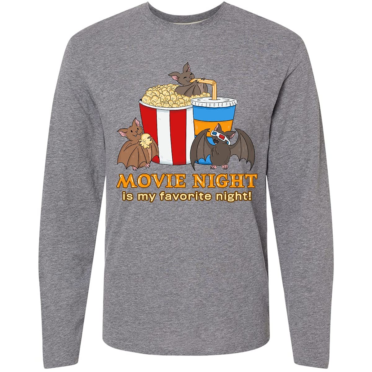 Inktastic Movie Night is My Favorite Night Bats with Popcorn Long Sleeve T-Shirt - Comfortable Cotton Tee for Film Lovers, Halloween & Cozy Nights at Home