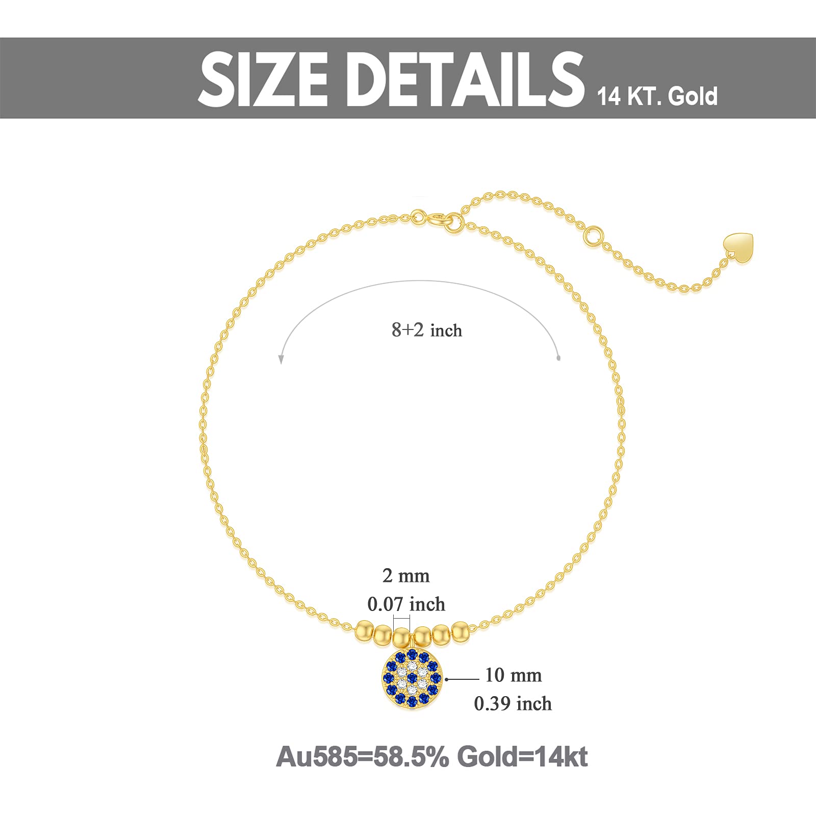 14K Solid Gold Evil Eye Anklet for Women - Dainty Yellow Gold Lucky Charm Ankle Bracelet with Beads, Adjustable 8