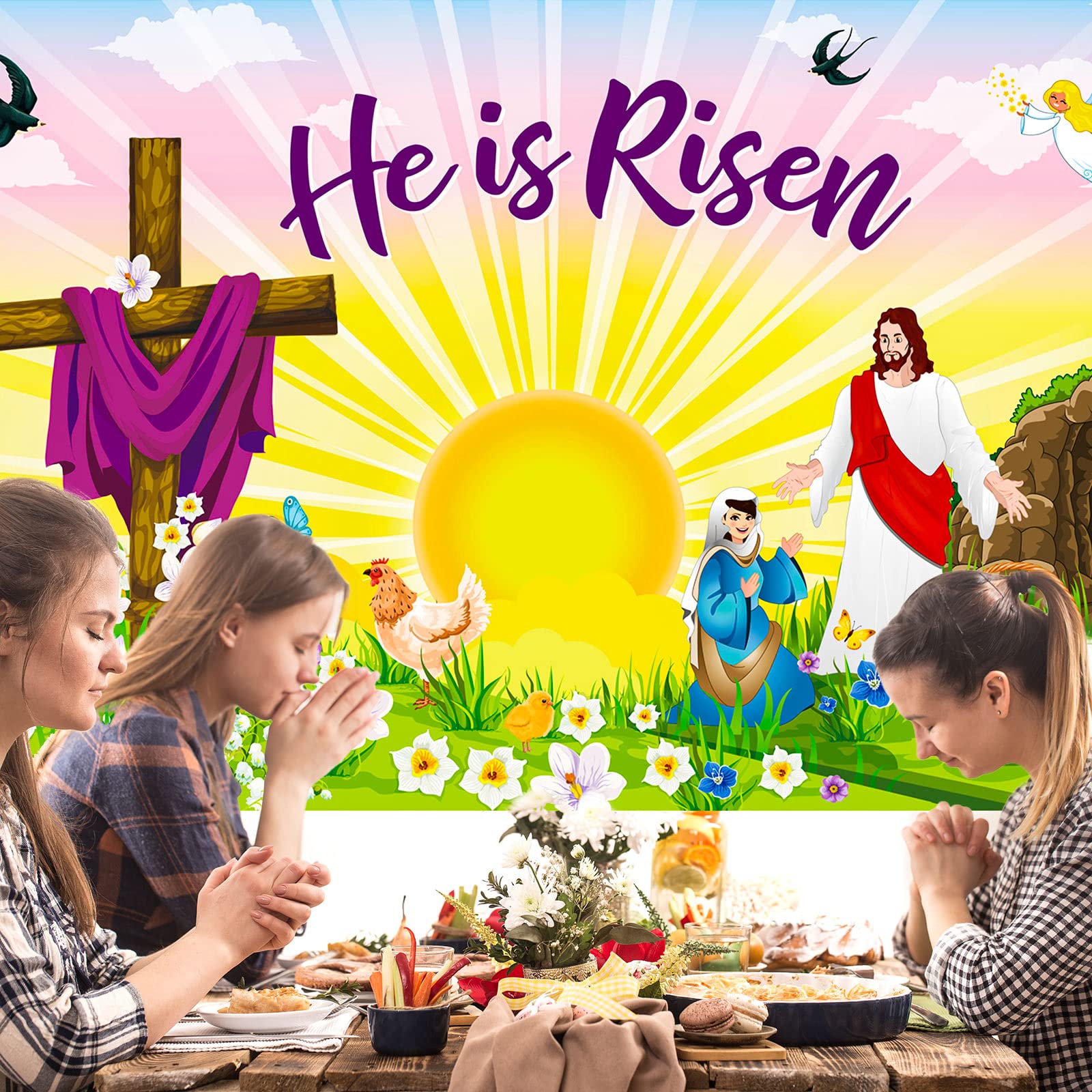 Easter Decor Backdrop - He is Risen Banner for Photo Booth & Party