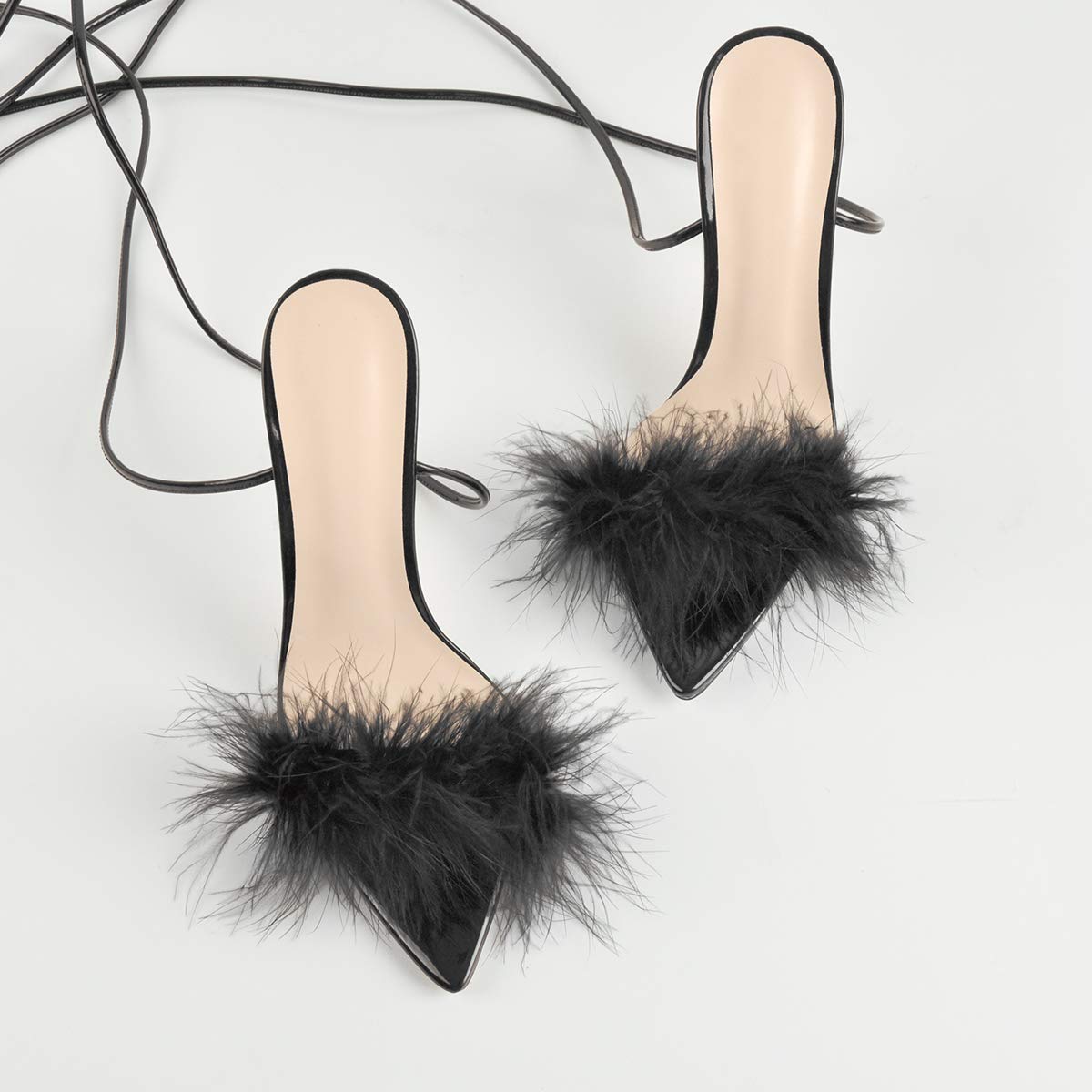 Richealnana Women's Fluffy Feather Pointed Toe Clear Heel Sandals - Elegant Party Shoes for Weddings, Prom, and Evening Events