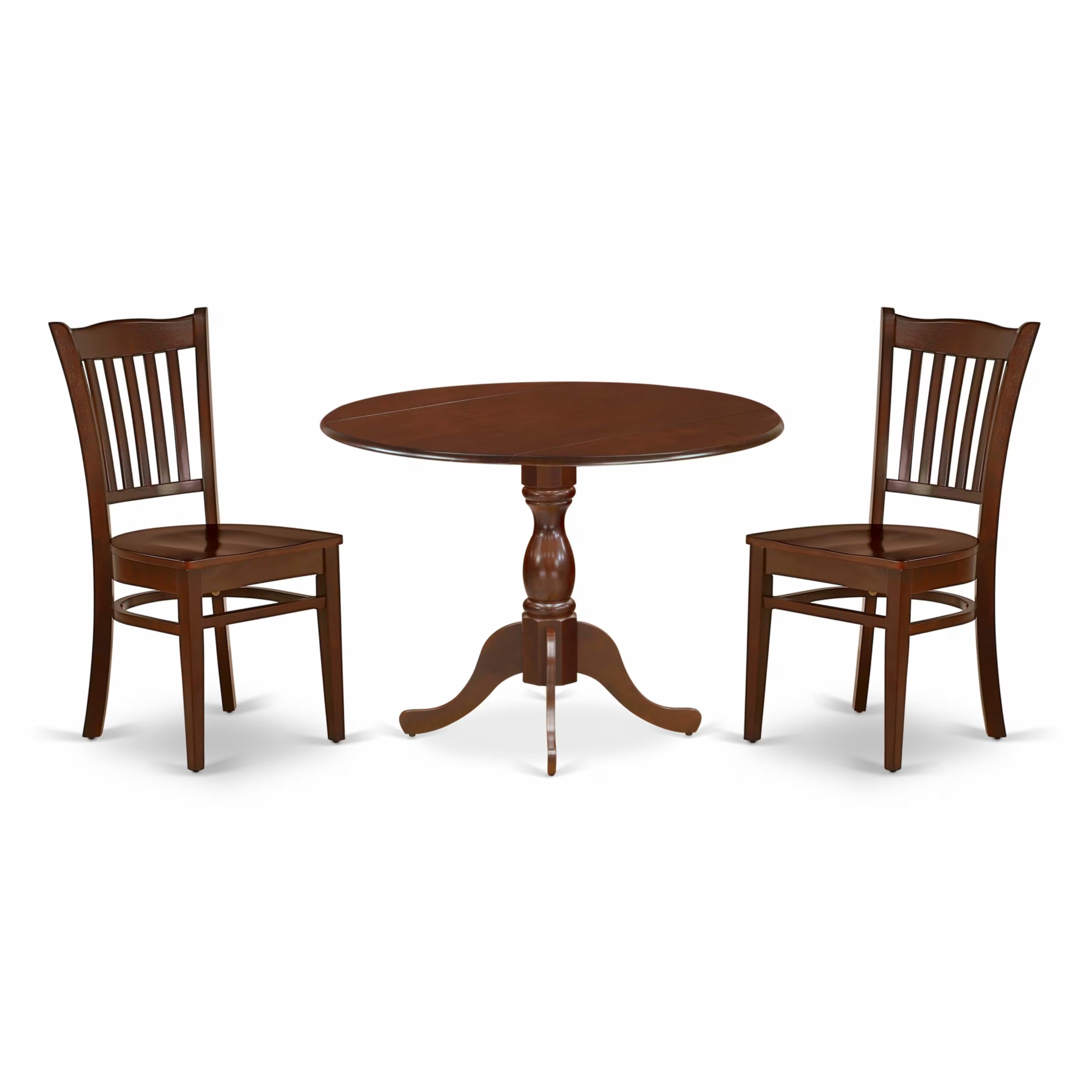 East West Furniture DMGR3-MAH-W 3-Piece Round Drop Leaf Kitchen Table Set with 2 Chairs for Small Spaces - 42x42 Inch Mahogany Dining Table - Perfect for Apartments, Breakfast Nooks & Cozy Kitchens