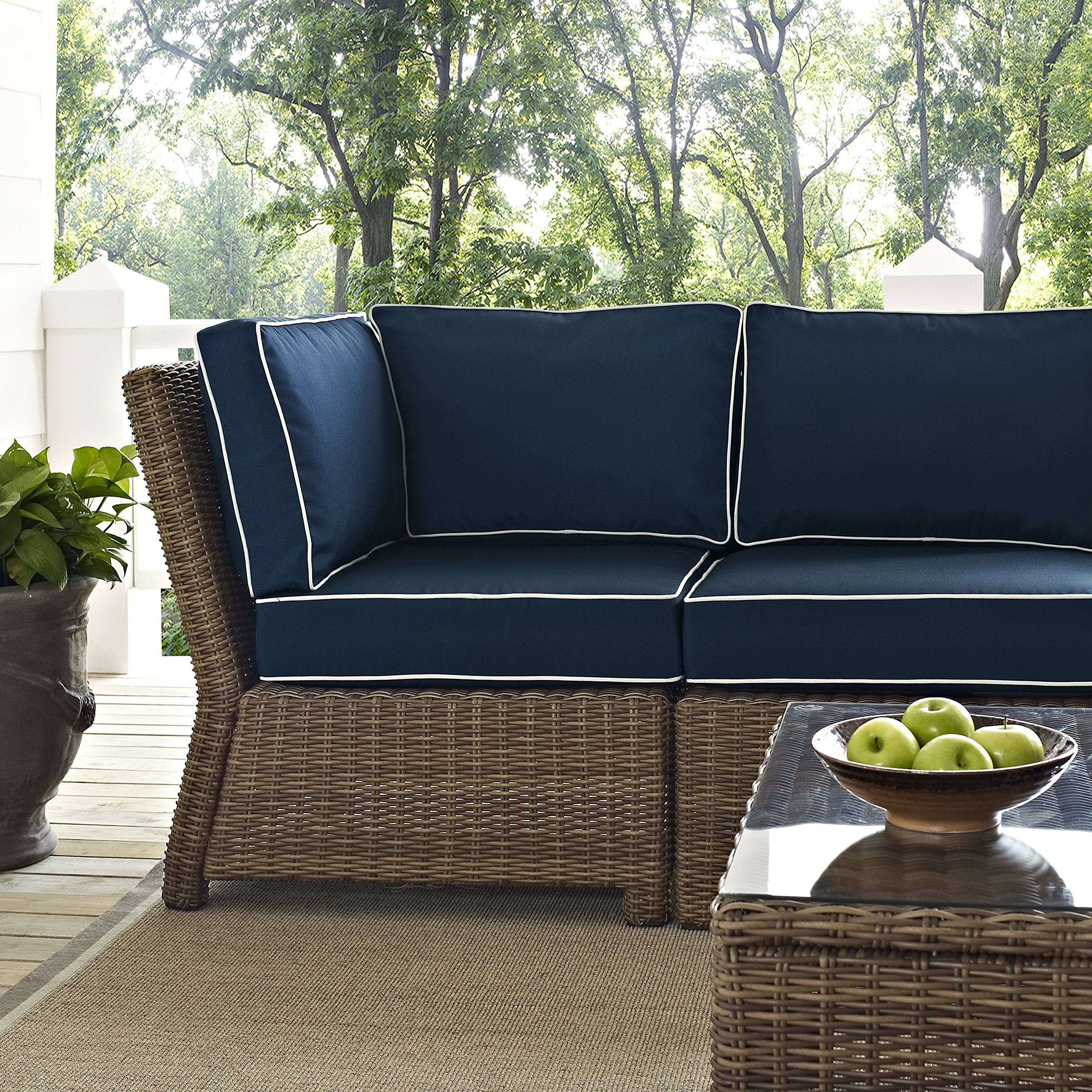 Crosley Furniture Bradenton 5-Piece Outdoor Sectional Sofa Set - All-Weather Wicker Patio Furniture with Navy Cushions for Deck, Garden & Backyard Relaxation