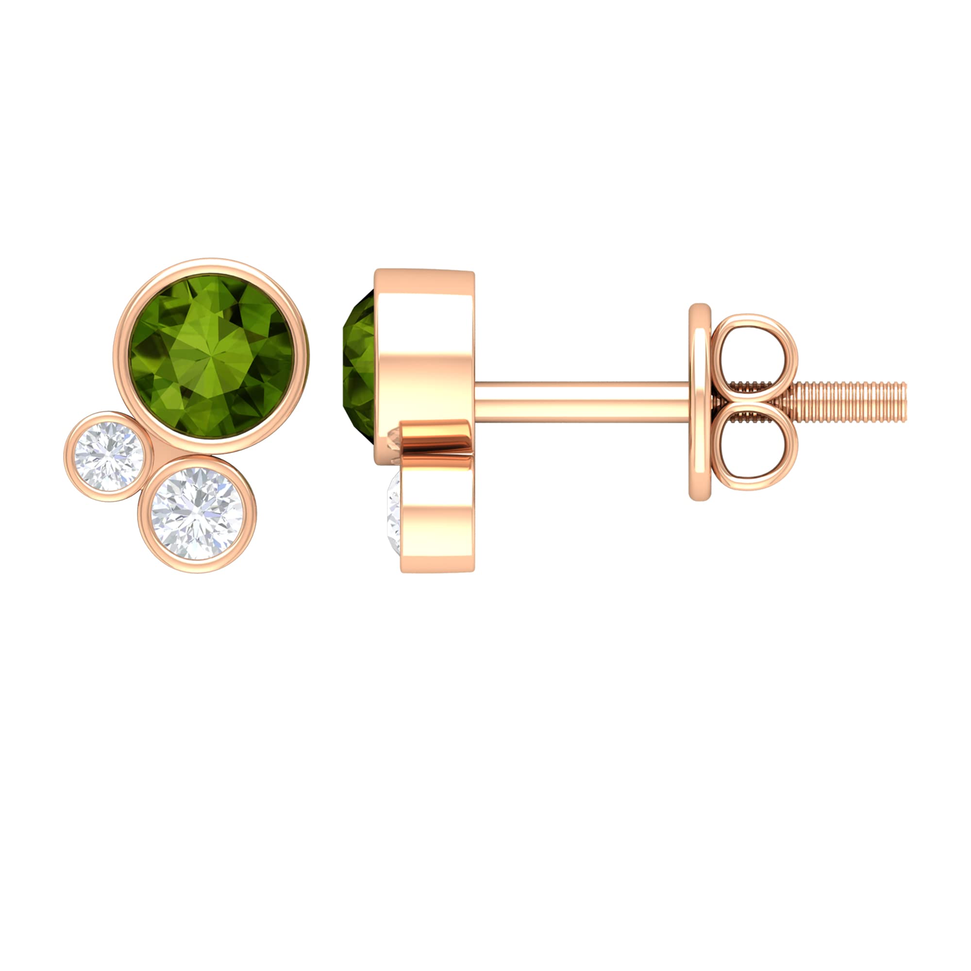 1/4 CT Dainty Peridot and Diamond Stud Earrings - 14K Solid Gold Bezel Set Three Stone Earrings for Women | Elegant Green & White Jewelry for Everyday Wear, Gifts & Special Occasions