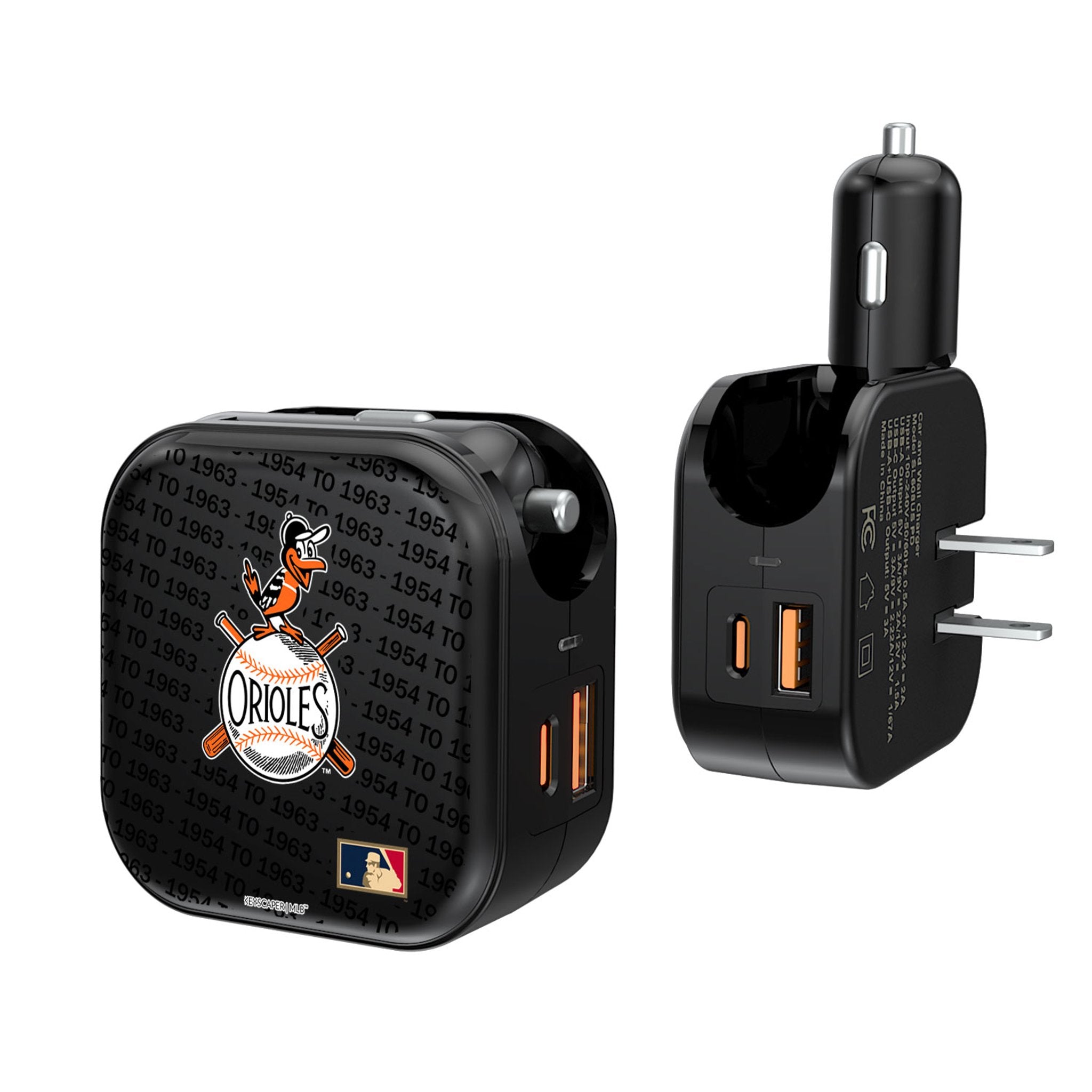 Baltimore Orioles 1954-1963 Cooperstown Collection Text Backdrop - 2-in-1 USB A/C Fast Charger for Phone & Tablet - Perfect for Baseball Fans & Home Office Use