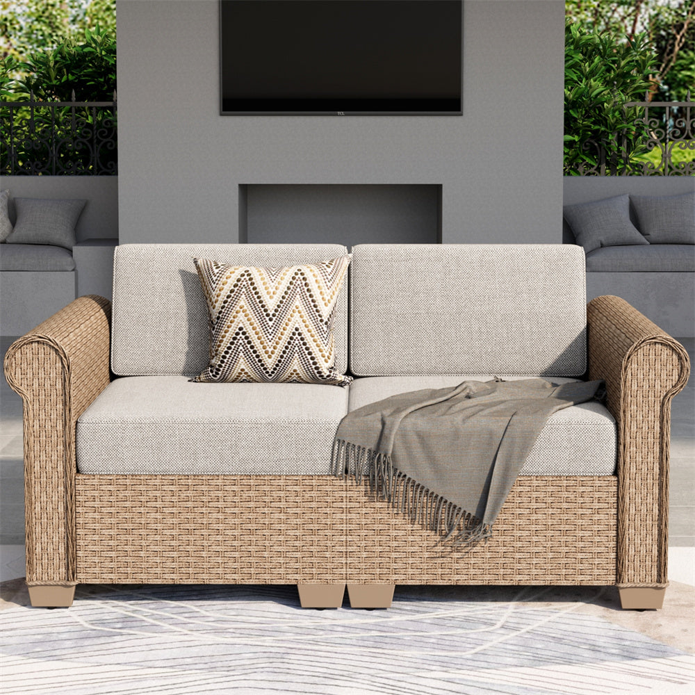 Phi Villa Outdoor Rattan Loveseat Sofa Set with T-Shaped Cushion - Patio Furniture for Garden, Poolside & Backyard Relaxation