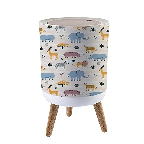 Nordic Style Trash Can with Lid - 1.8 Gallon Modern Round Garbage Bin with Push Top & Legs - Cute Hand-Drawn Safari Animal Design for Kitchen, Bathroom, Office & Pet-Friendly Spaces - Scandinavian Home Decor (7L Capacity)