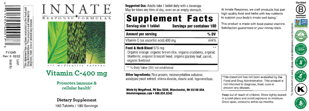 Innate Response Vitamin C 400mg - Immune Support Supplement with Natural Ingredients - Boost Energy & Immunity for Daily Wellness