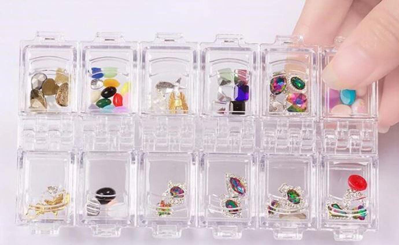SHILLS Professional 12 Grid Clear Plastic Storage Box for Nail Art Rhinestones, Jewelry Beads & Small Accessories - Organizer for Salon, DIY Crafts & Home Use