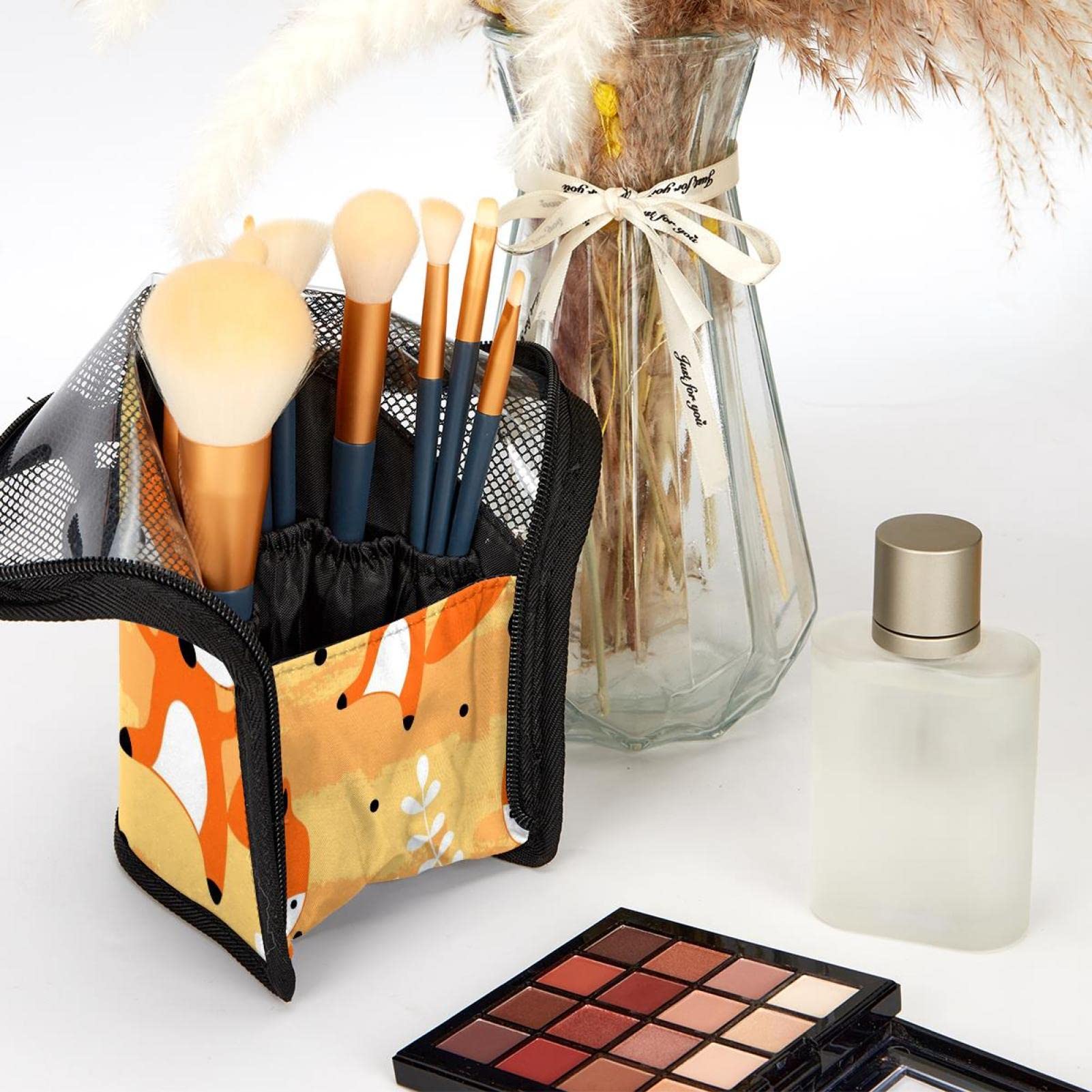 Premium 12-Piece Makeup Brush Organizer Bag with Fox Tree Leaves Design - Portable Travel Brush Holder Case for Professional Makeup Artists & Beauty Enthusiasts - Perfect for Home, Travel, and Salon Use