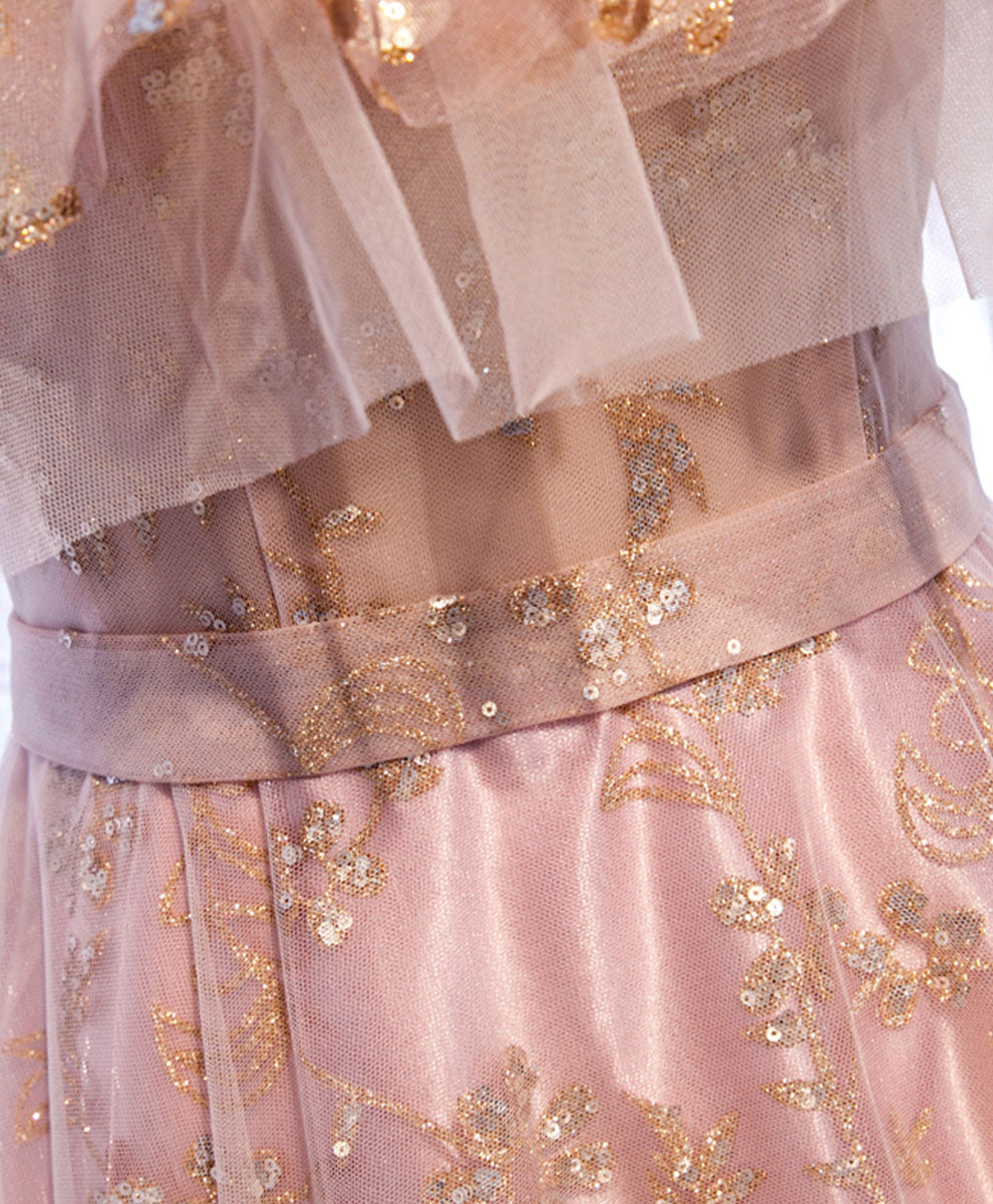 Elegant Pink Tulle Lace Long Prom Dress with Floral Embroidery - Formal Evening Gown for Homecoming, Quinceañera & Special Occasions - Perfect for Prom Night, Wedding Guest & Ballroom Dance Events