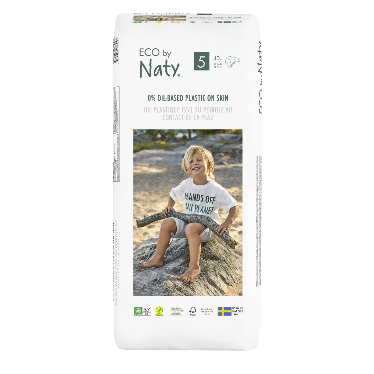 Eco by Naty Sensitive Skin Disposable Diapers, Size 5, 40 Count - Hypoallergenic & Eco-Friendly Baby Diapers for Daycare, Overnight & Travel Use