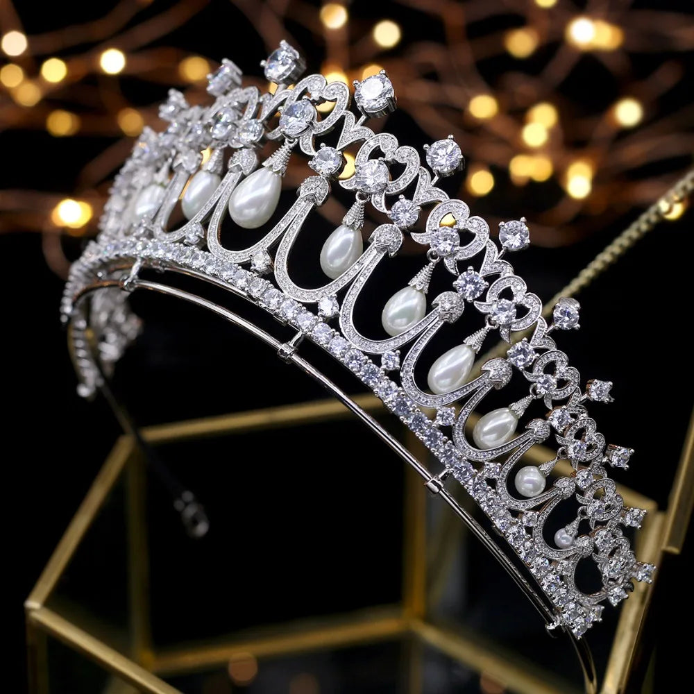 Elegant Crystal and Pearl Zircon Bridal Crown Tiara for Princess - Perfect for Weddings, Prom, and Special Occasions