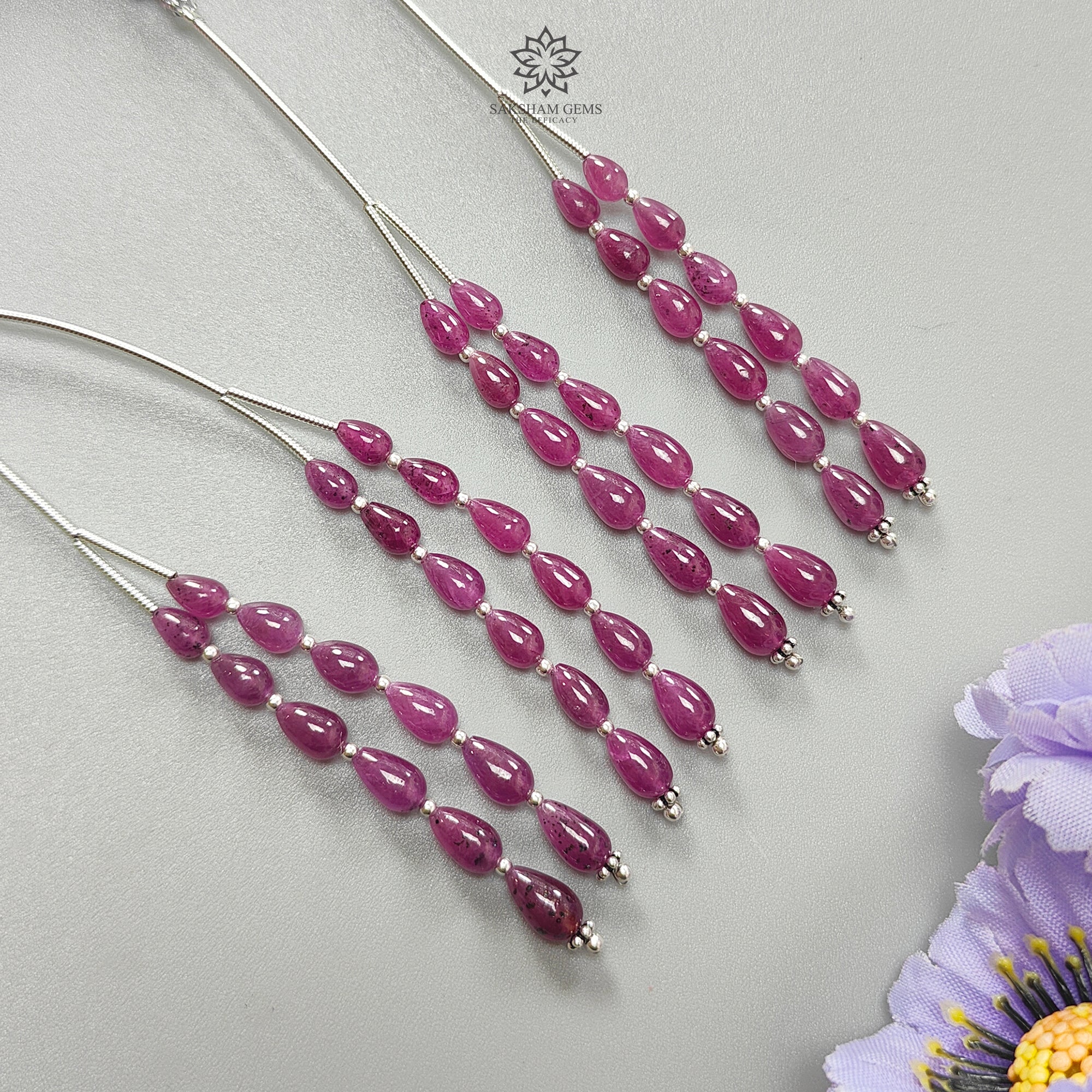 Natural Untreated Purple Ruby Teardrop Loose Beads - 19.90Cts Genuine Ruby Gemstone with 925 Sterling Silver - 2 Sizes (5.5mm & 7.5mm) for Jewelry Making, DIY Crafts, and Beading Projects