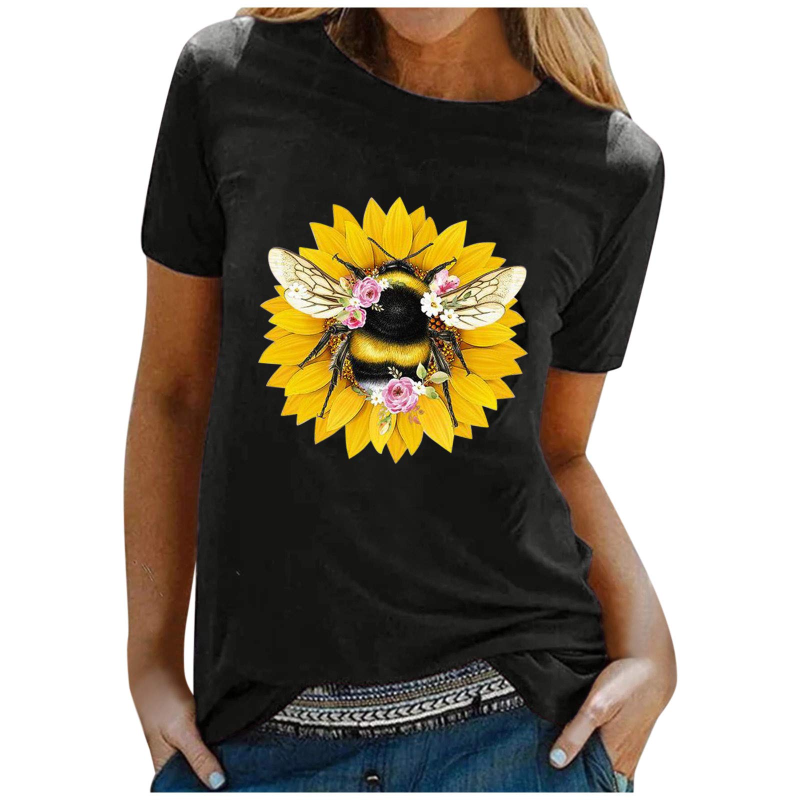 **Sunflower Print Crewneck Tee Shirt for Women - Plus Size Casual Tops - Perfect for Everyday Wear, Summer Outfits & Relaxing**