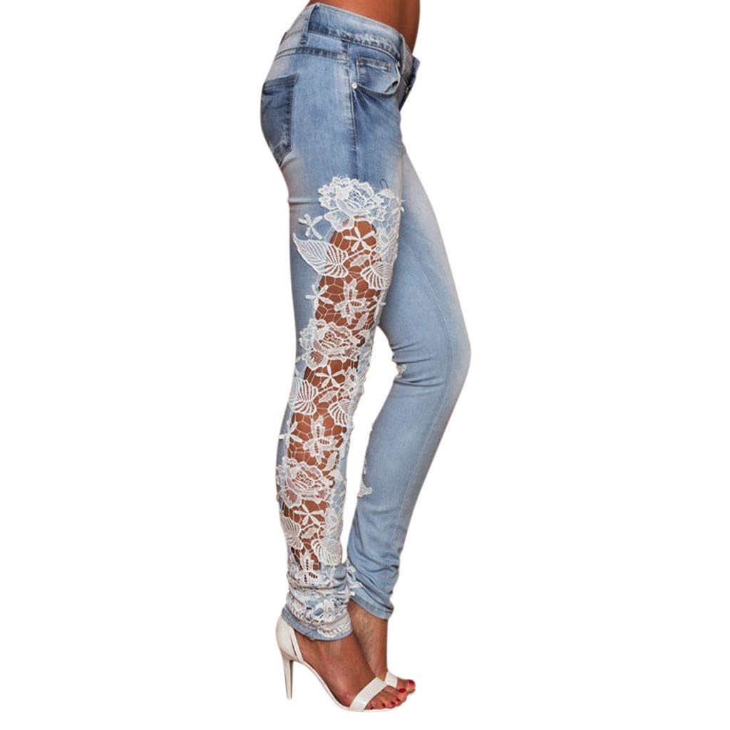 Women's Ripped Boyfriend Jeans - Skinny Stretch Denim with Patchwork Lace Floral Design & Hollow Out Details | Casual Pencil Pants for Everyday Wear, Dating & Street Style