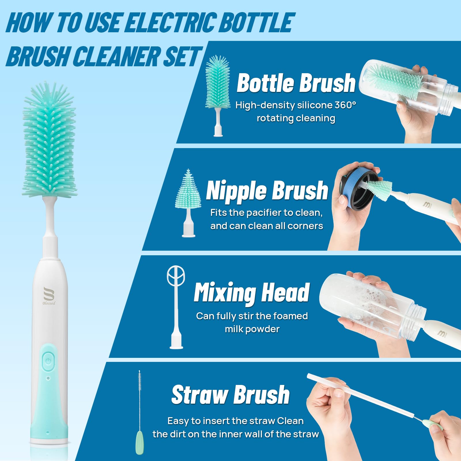 Electric Bottle Brush Cleaner with UV Light - Rechargeable & Waterproof Baby Bottle Cleaning Brush Set with 2 Heads, Straw Cleaner, Storage Pouch & Mixing Head | Perfect for Baby Bottles, Sippy Cups, Travel Mugs & Water Bottles