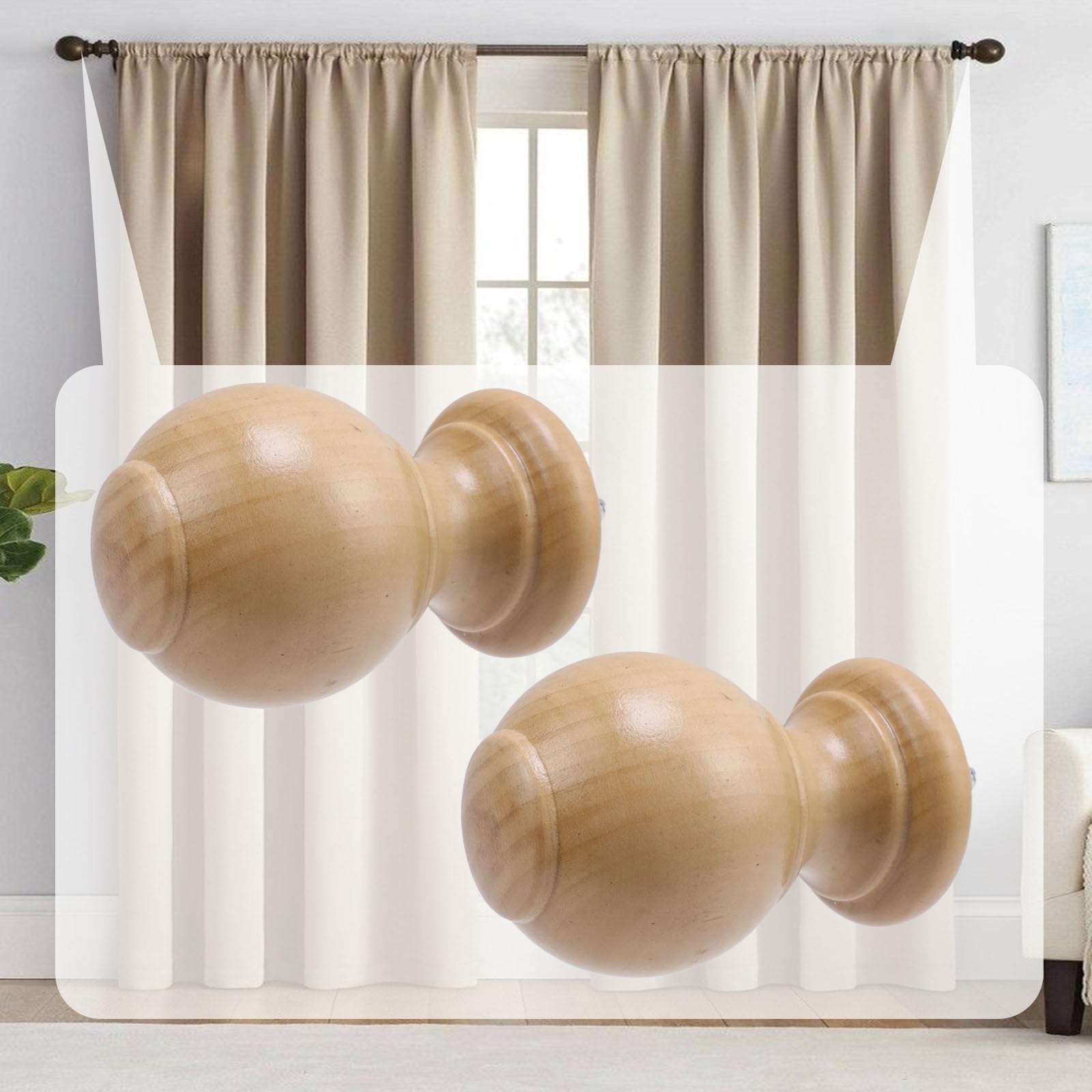 Tulead Wooden Curtain Rod Finials - Screw-On End Caps for Curtain Rods (Set of 2, Wood Finish) - Perfect for Living Room, Bedroom & Window Decor