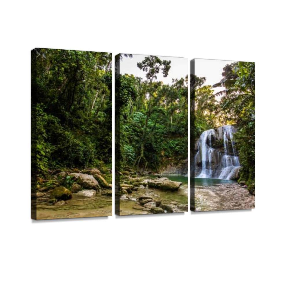 Stunning Gozalandia Waterfall in San Sebastian Puerto Rico Canvas Wall Art - 3 Panel Natural Landscape Paintings for Living Room & Bedroom Decor - Tropical Waterfall Poster for Home, Office & Vacation House Wall Decoration