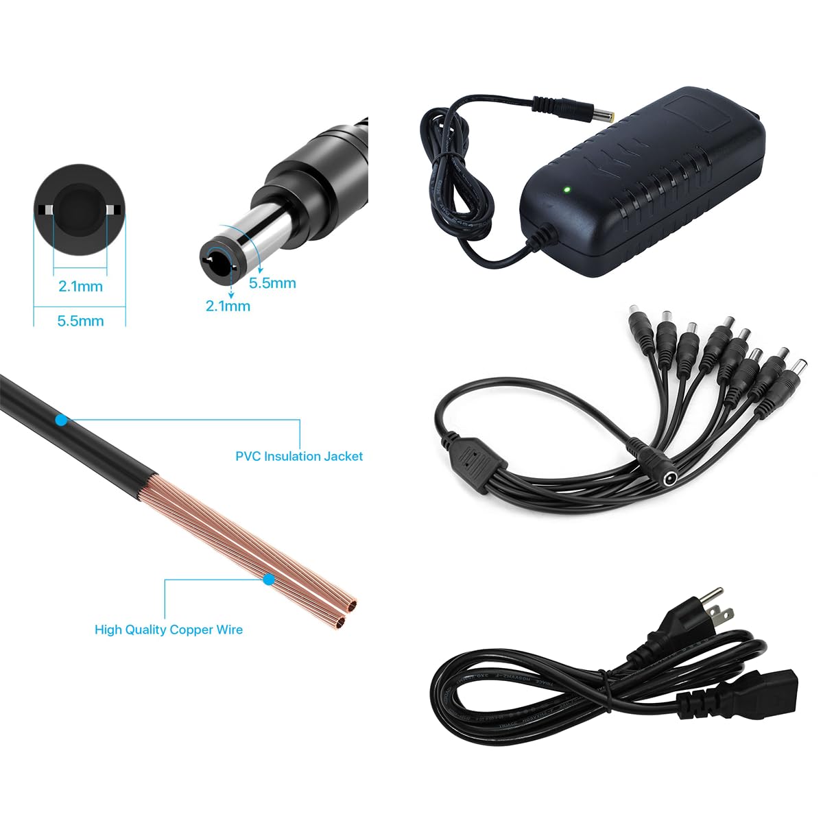 EVERSECU 8CH 12V 5A Power Adapter for Security Cameras - 100V-240V AC to DC Transformer with 8-Way Splitter Cable - Compatible with CCTV, DVR, IP Cameras & LED Strips - Ideal for Home Security & Outdoor Surveillance Systems
