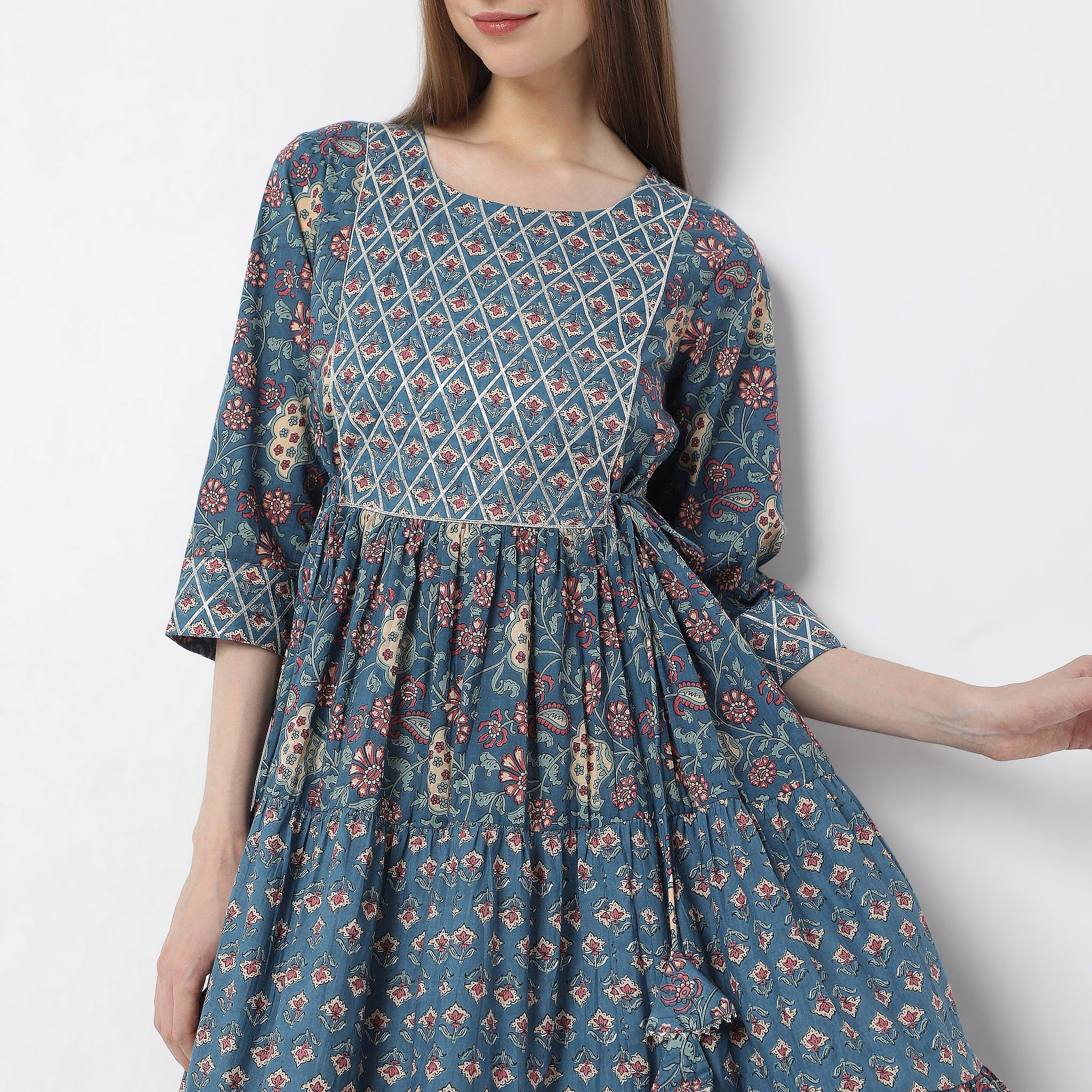 Stylish Below Knee Flare Fit Tiered Jaipuri Printed Kurta for Women | Boho Chic Ethnic Tunic | Perfect for Festivals, Parties & Casual Wear