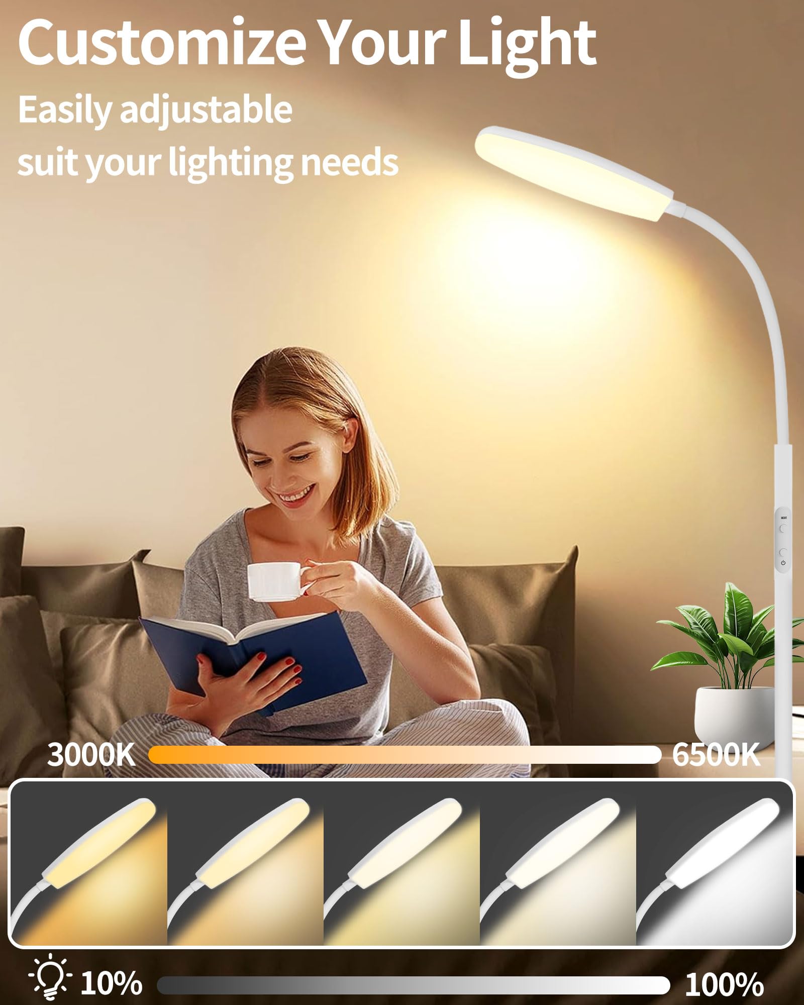 10,000 Lux UV-Free Light Therapy Lamp - Full Spectrum Sunlight Floor Lamp with Remote, 10 Color Temperatures & 6 Brightness Levels + Timer - Ideal for Seasonal Affective Disorder (SAD), Depression Relief & Home Office Wellness