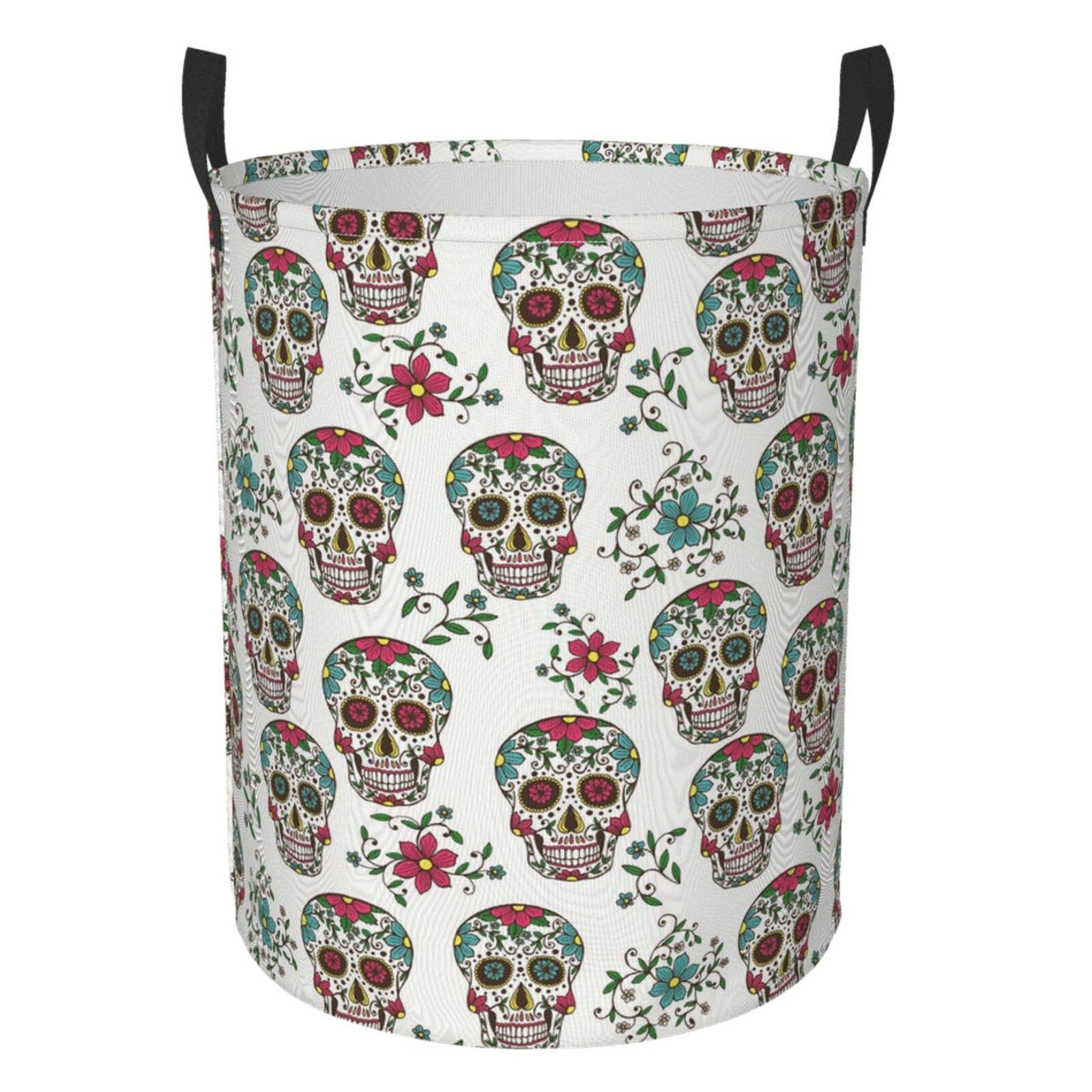 FeHuew Floral Sugar Skull Day of the Dead Collapsible Laundry Basket - Waterproof Fabric Hamper with Handle for Clothes, Toys & Bathroom Storage - Perfect for Dorm, Bedroom & Laundry Room Organization