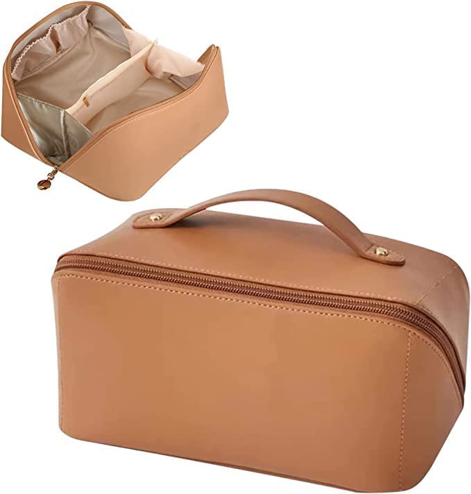 GREENITYA Large Leather Makeup Bag - Waterproof Travel Cosmetic Organizer for Skincare & Toiletries