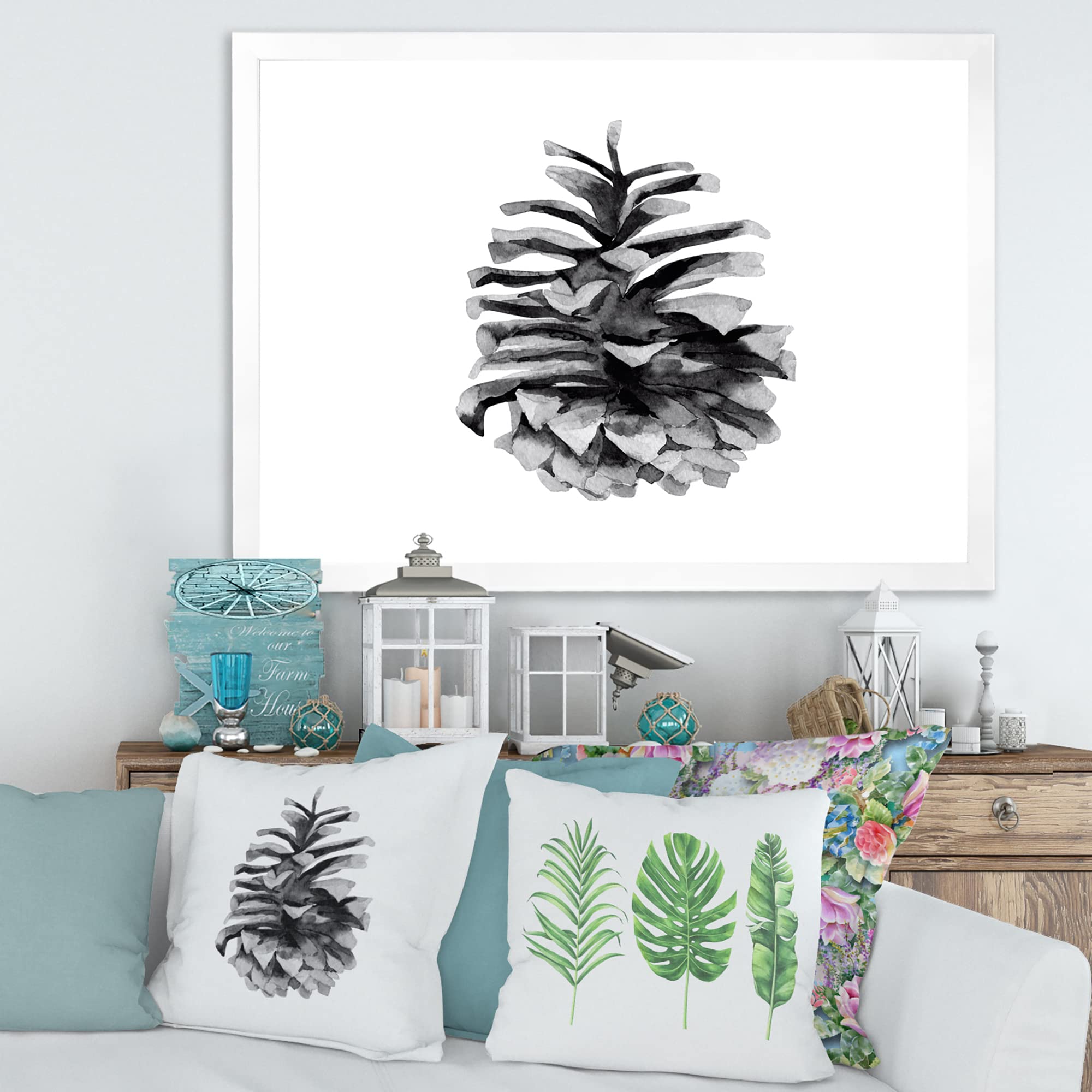 DesignQ Conifer Cone Monochrome Traditional Framed Wall Art - Elegant Home Decor for Living Room, Bedroom & Office