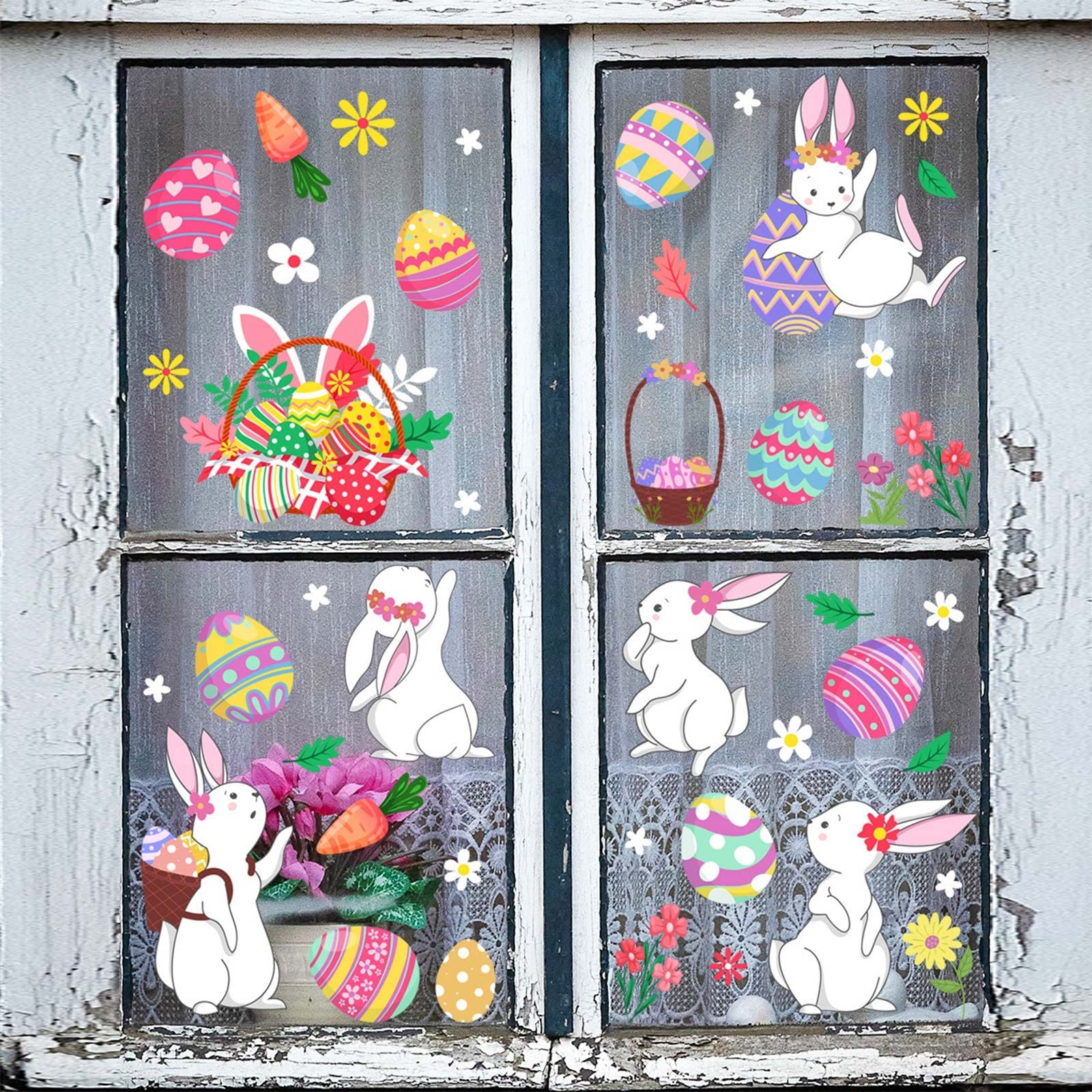 Easter Bunny Flower Window Cling Decorations - Easter Egg Hunt Wall Stickers for Home Party Decor, Spring Holiday Rabbit Decals | Perfect for Windows, Glass Doors & Kids Room Decor