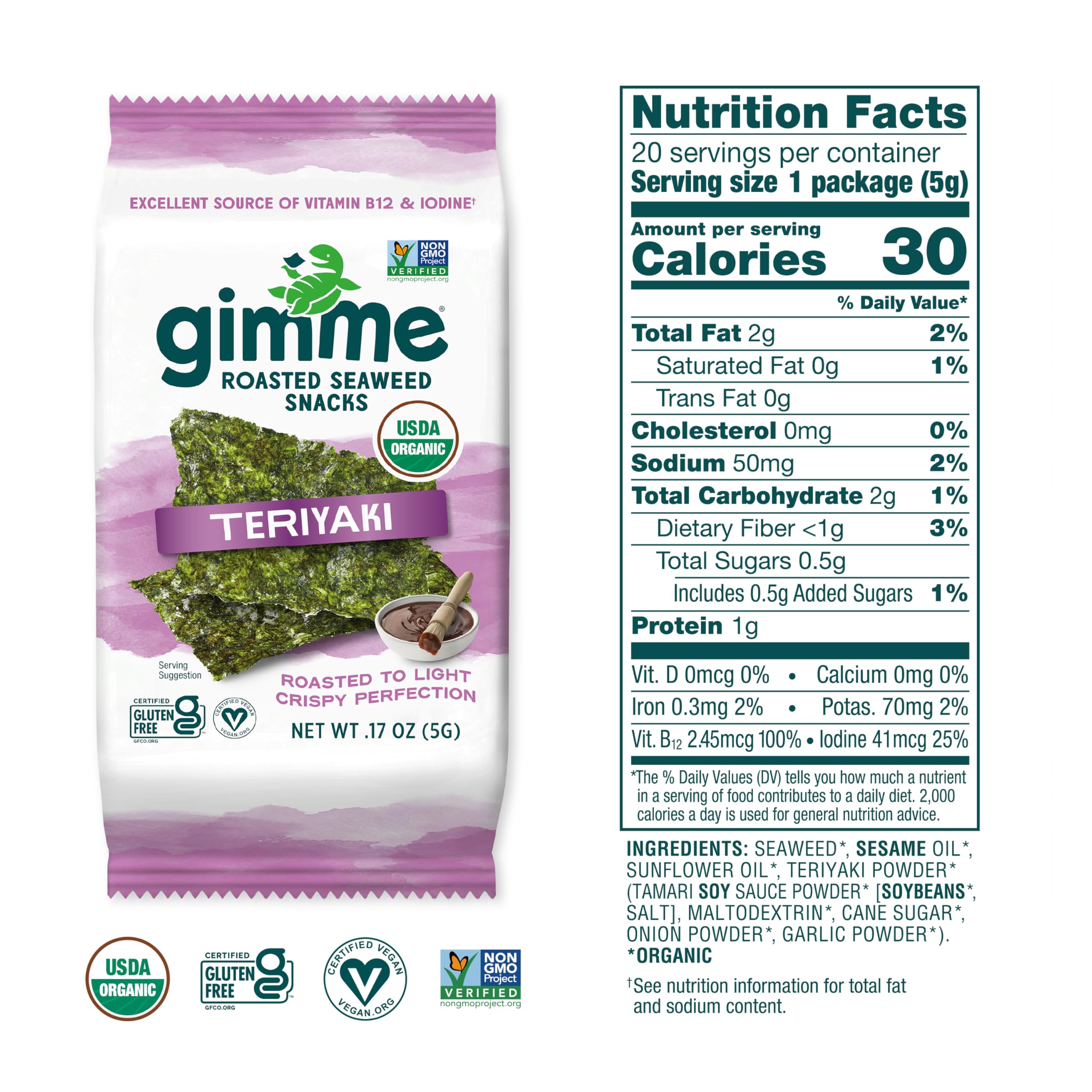 Gimme Seaweed Organic Premium Roasted Seaweed Snacks - Teriyaki Flavor, 20 Count | Keto, Vegan, Gluten-Free | Rich in Omega-3 & Iodine | Healthy On-The-Go Snack for Kids & Adults | Perfect for Lunchboxes, Office Snacking & Travel