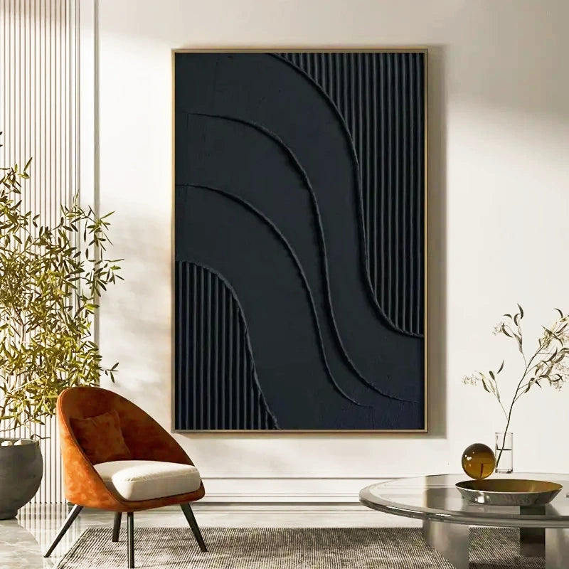Black Plaster Art Minimalist Textured Painting - Modern Abstract Wall Decor for Living Room, Bedroom & Office | Unique Home Artwork #MZ007