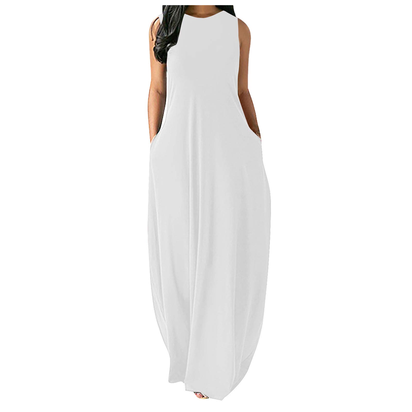 Kaideny Women's Casual Summer Maxi Dress - Plain V Neck Sleeveless Plus Size Cami Dress with Pockets | Beach Cover Up, Vacation Outfit, Boho Chic Style