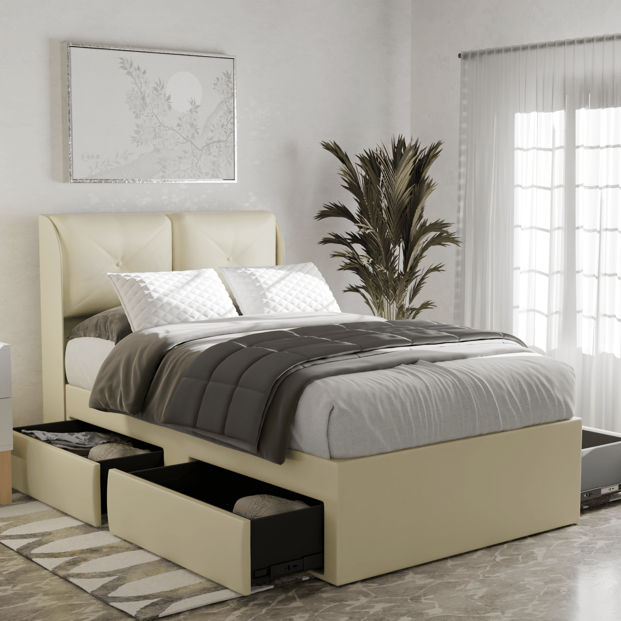 Mohave Faux Leather Drawer Bed Frame - Queen Size Platform Storage Bed with Upholstered Headboard | Modern Bedroom Furniture for Small Spaces & Guest Rooms